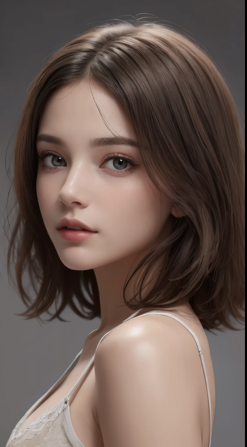 (photograph:1.2)、(photorealistic:1.3)、(masterpiece:1.3)、(Highest image quality:1.4)、ultra high resolution、(detailed eyes)、(detailed facial features)、(Detailed garment features)、8K resolution、solo focus、26 year old mature woman、small face、no makeup、Detailed leal beautiful eyes、bangs、brond hair、long cut hair、(realistic skin)、beautiful skin、charming、ultra high resolution、Super realistic、High definition、Camisa branca aberta,middlebre、small breasts、bust B cup、small breasts、cool beauty、Gray background、cinematic lighting、perfect、soft light、High resolution skin:1.2、realistic skin texture、26 years old mature woman、small face、no makeup、Bust B Cup、Detailed beautiful brown eyes、short hair、dark brown hair、Cool beauty、gray background