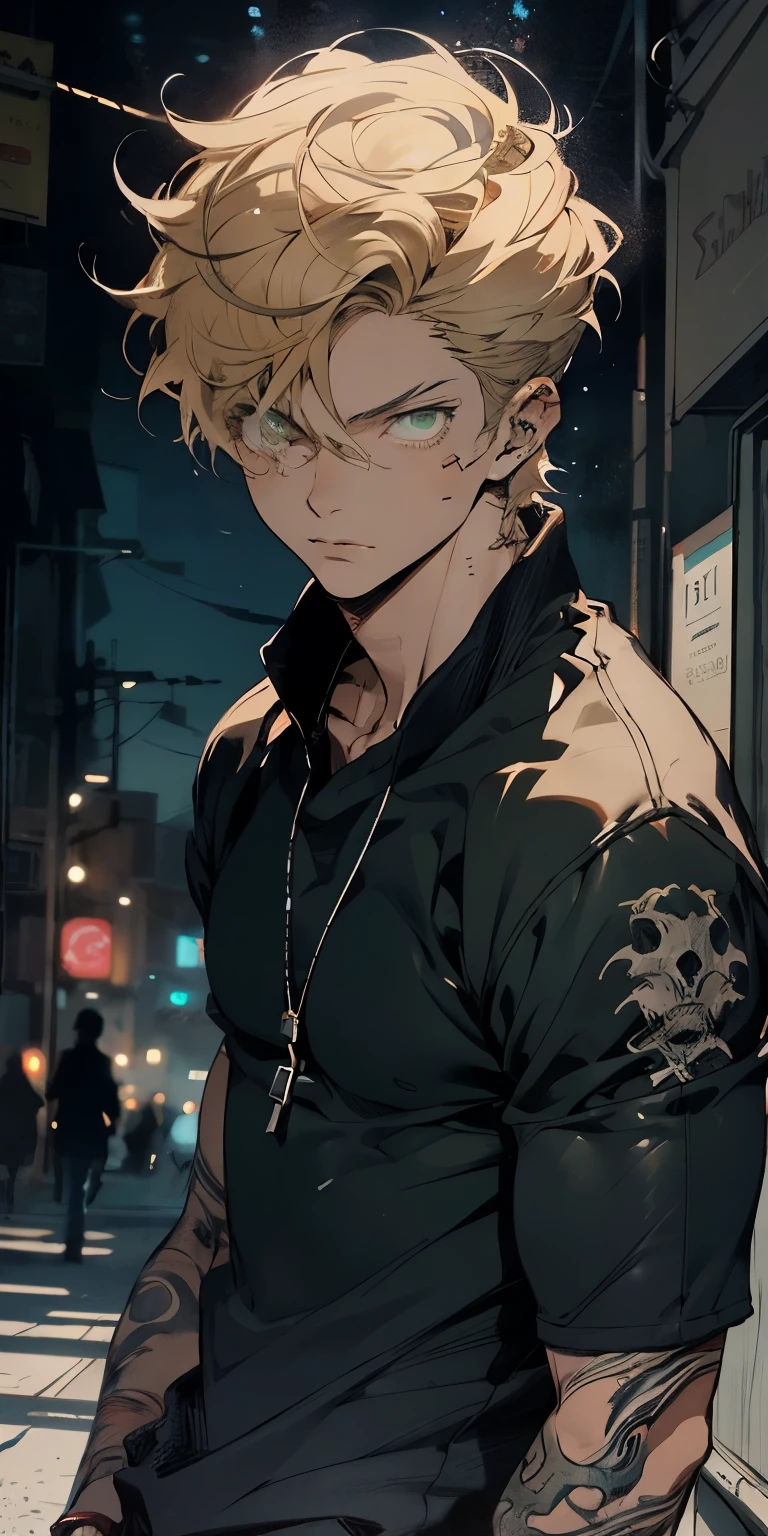 anime sketch, impressively detailed sketch, one man, detailed short blonde hair, detailed olive green eyes, Russian, toned muscular body, modern casual clothing, apocalyptic world, vivid colors, concept artists lighting, focus to torso, raised eyebrow, (((ADULTO)))