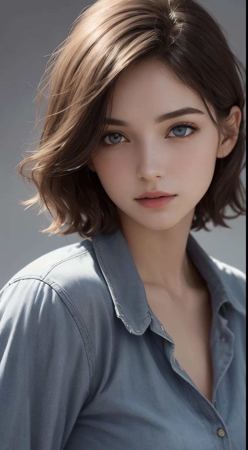 (photograph:1.2)、(photorealistic:1.3)、(masterpiece:1.3)、(Highest image quality:1.4)、ultra high resolution、(detailed eyes)、(detailed facial features)、(Detailed garment features)、8K resolution、solo focus、26 year old mature woman、small face、no makeup、Detailed leal beautiful eyes、bangs、brond hair、long cut hair、(realistic skin)、beautiful skin、charming、ultra high resolution、Super realistic、High definition、Camisa branca aberta,middlebre、small breasts、bust B cup、small breasts、cool beauty、Gray background、cinematic lighting、perfect、soft light、High resolution skin:1.2、realistic skin texture、26 years old mature woman、small face、no makeup、Bust B Cup、Detailed beautiful brown eyes、short hair、dark brown hair、Cool beauty、gray background