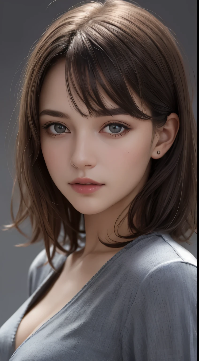 (photograph:1.2)、(photorealistic:1.3)、(masterpiece:1.3)、(Highest image quality:1.4)、ultra high resolution、(detailed eyes)、(detailed facial features)、(Detailed garment features)、8K resolution、solo focus、26 year old mature woman、small face、no makeup、Detailed leal beautiful eyes、bangs、brond hair、long cut hair、(realistic skin)、beautiful skin、charming、ultra high resolution、Super realistic、High definition、Camisa branca aberta,middlebre、small breasts、bust B cup、small breasts、cool beauty、Gray background、cinematic lighting、perfect、soft light、High resolution skin:1.2、realistic skin texture、26 years old mature woman、small face、no makeup、Bust B Cup、Detailed beautiful brown eyes、short hair、dark brown hair、Cool beauty、gray background