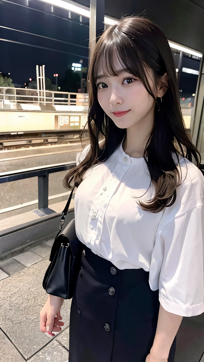 (highest quality,High resolution,super detailed,realistic:1.2) 混雑したstation platform, eye level perspective, night time、cold night、lively atmosphere、station platform、There are no trains, young woman waiting for the train、back view、black hair medium long、after work、sabrina bag、white blouse、skirt、pumps、engagement ring、lively crowd, dynamic movement, modern architecture, city life、Station scenery during the rush to return home。