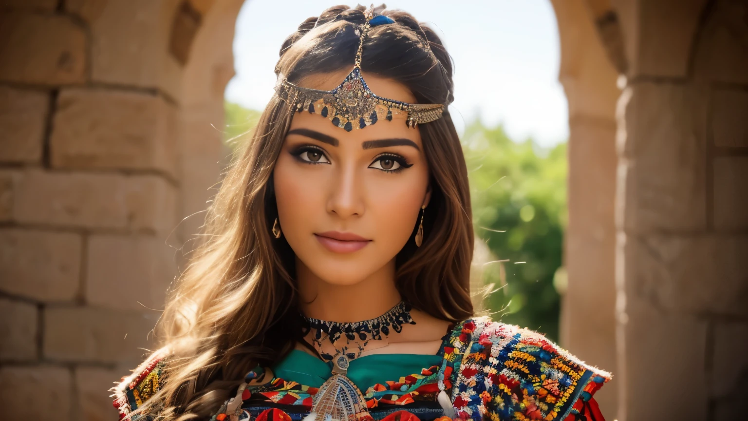 belle dame blonde amazighe, porter une robe kabyle, berbère, robe kabyle, realistic, joli, Tizi Ouzou, toabyle, femmekabyle, ouadhyas,robe kabyle, visage parfait, Créez une illustration numérique mettant en scène une femme kabyle portant fièrement ses vêtements traditionnels. Highlight the refined details of her dress, les motifs colorés et les ornements distinctifs de sa culture. Capturez l'expression gracieuse de son visage et la force tranquille de son regard, reflétant ainsi la beauté et la dignité de l'héritage kabyle.