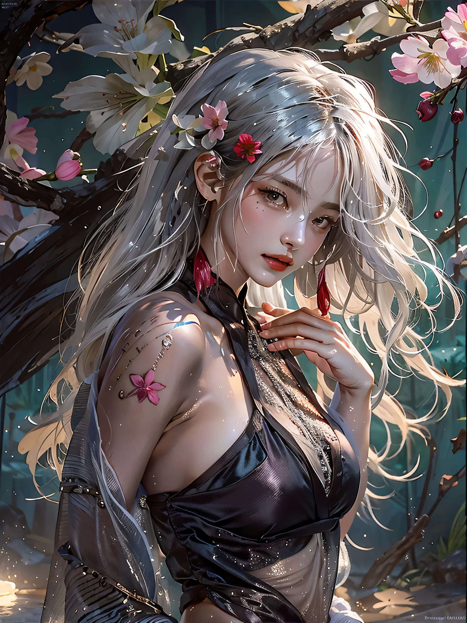 Photorealistic, High resolution, Soft light,1womanl, Solo, hips up high, glistning skin, (Detailed face),The tattoo, Jewelry, Dark see-through hanf, cherry blossom, Night, White wavy hair, Beautiful Soldier, An eye that invites the viewer, Lover's perspective, inviting expression, Sexy smile, Perfect Style, Perfect balance, Detailed skin, Naughty gaze, Chest visible、see -through、Sheer feeling、Wet skin、Wet hair、Spread hair、Spread Stall、Wet clothes、sodden、See-through Halter neck、See-through gowns、Navel Ejection、the back is open、See-through halter neck dress、See-through kimono、Dynamic Posing、Fingertips are lips、
