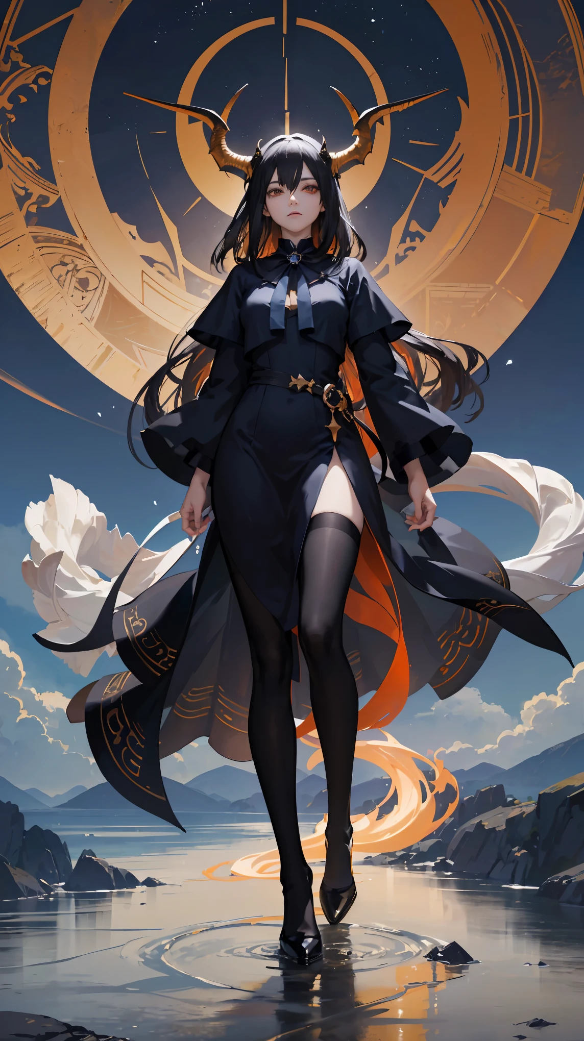 Seven Rhaeyar, Ancient Star goddess, Perfect female anatomy (Adult Female, 166cm in height, pale skin, slim, slender, 34D breast size, Dark Orange Eyes with beautiful details, Long Straight Black Hair, Beauty Mark Mole on right cheek bone, a set of black horns on her head), Neutral facial expression, Elegant white dress with black bow tie, blue coat knee length, dragon motifs, gold and rope accessories, View of the open blue sky with only clouds, receiving light from the front, Ethereal glow