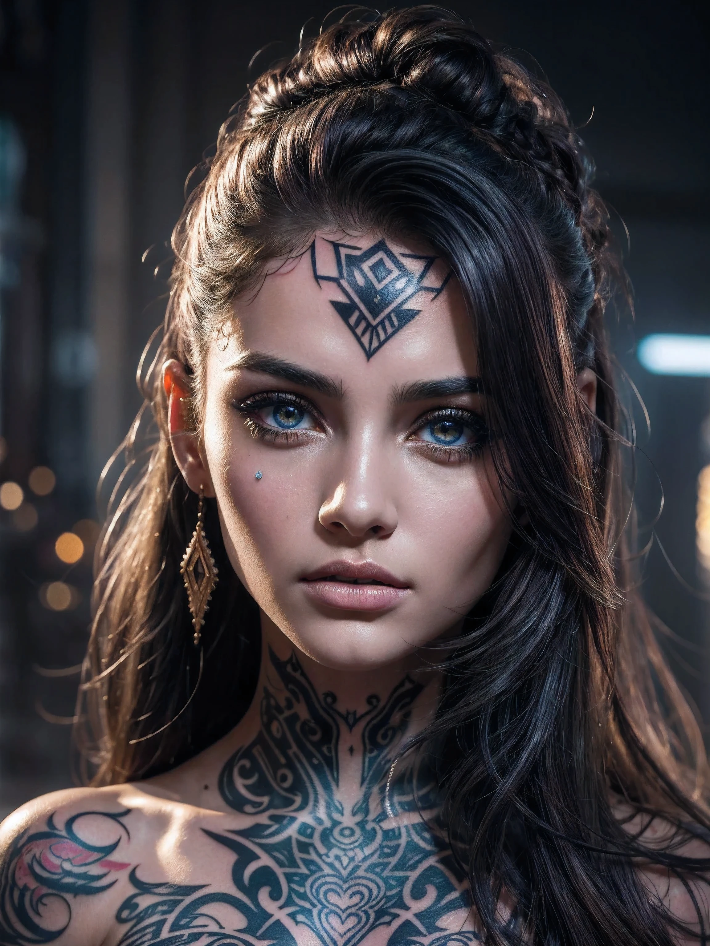 Beautiful dramatic girl in cyberpunk style, fantastic portrait, clothes consisting of a weave of translucent wires with gold flecks, 3/4 close-up, intrusive, saturated, intricate background, thought-provoking, textured image, spots, scattered rays of light, flickering light, realistic skin texture, gaze, platinum, shimmering rain, shimmering makeup, (((tattoos))), unearthly, inlay, translucent shining eyes, curls, bizarre, ornate, matte poster, highly detailed, hyperdetalized face and eyes, disheveled hair fluttering in the wind, overly detailed, scattered chaotic light