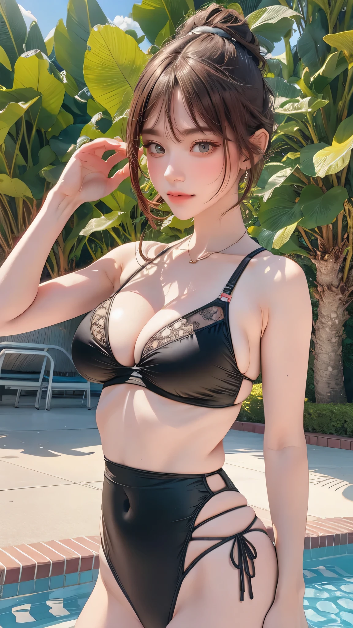 Poolside,embroidered lace competition swimsuit,(Thin type:1.8),(big breasts:1.8),(random sexy pose),(random hairstyle),(movie-like scene,best image quality,(8k), Super realistic, 最high quality, high quality, High resolution, high qualityな質感, high detail, beautiful, Detailed, Highly detailed CG, detailed texture, realistic facial expression, masterpiece, before, dynamic, bold)