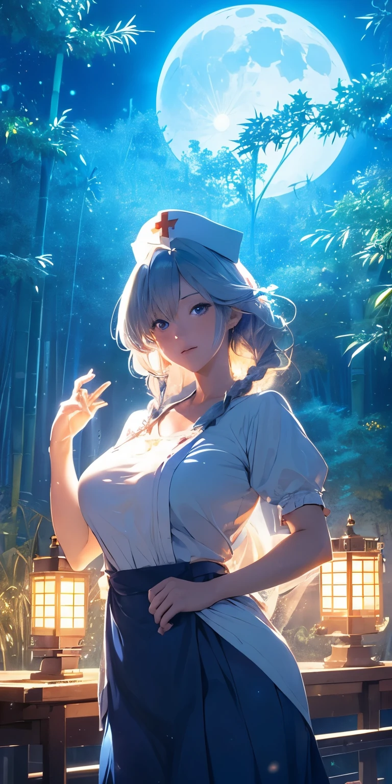 (masterpiece, best quality:1.3), (upper body:1.3), Yagokoro Eirin, Touhou Series, perfect face, expressive eyes, 1woman, looking at viewer, 38 years old, gorgeous body, big breast, beautiful, anime, lora,1woman, silver hair, braid hair, nurse cap, red and blue clothes, long skirt, (cinematic lighting, realistic, dream-like, enchanting atmosphere:1.5), (an old japanese mansion with moonlight leaking, in bamboo forest, midnight, big full moon:1.3)
