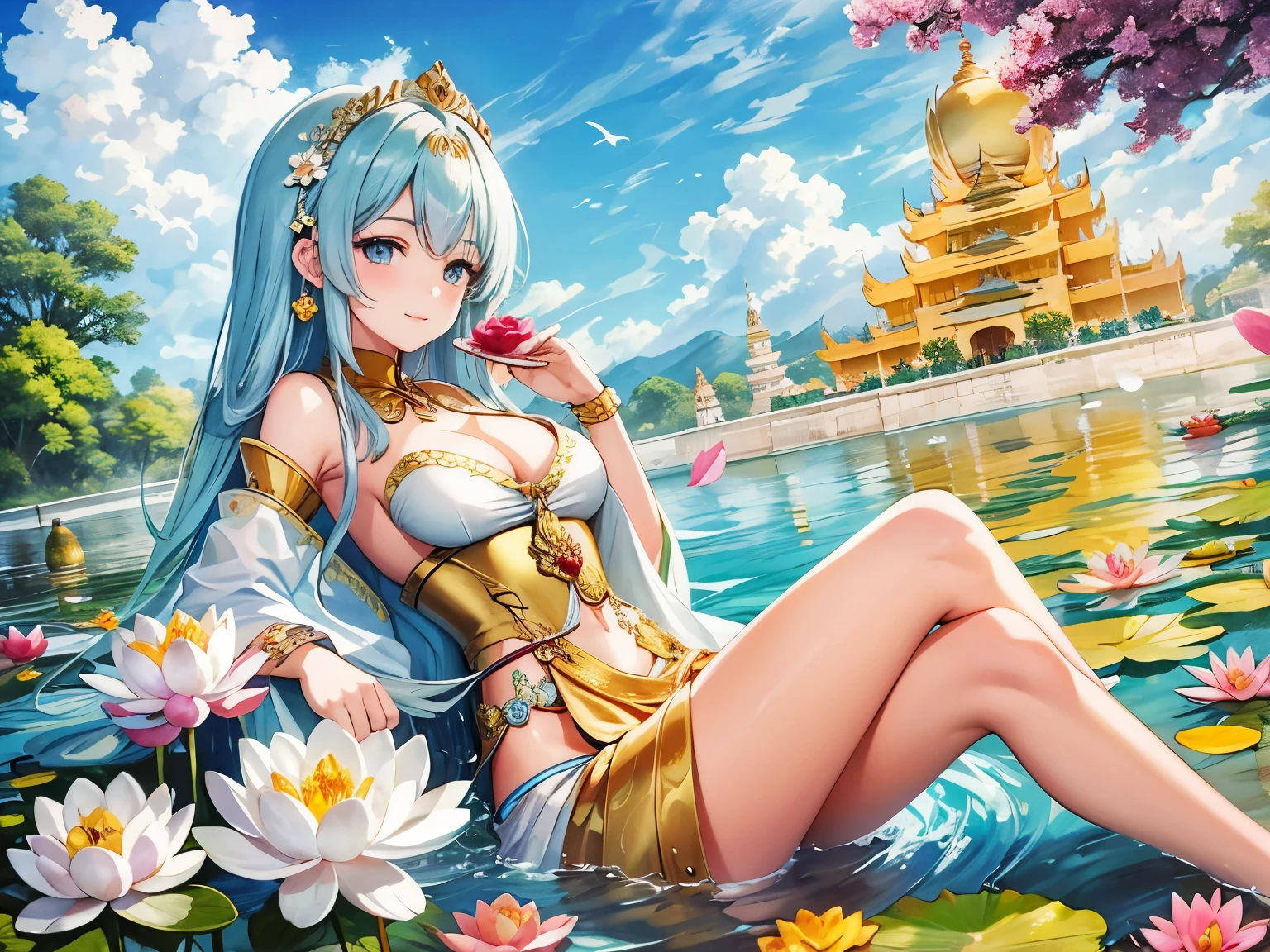 Beautiful 16 year old princess sitting on a big lotus,light blue long hair、twin tail princess、gentle smile、In the background is the big golden temple of Myanmar、Shwedagon Pagoda、Wearing a delicate gold crown,holding a lotus flower in one hand,Barefoot with both legs,water hibiscus etc.,The corners of the mouth are slightly turned up,Look at the camera with a kind expression,Gorgeous and noble costumes,8k wallpaper,amazing cleavage,master piece,Goddess of wealth,Venerable Goddess,Beautiful dream world,magical fantasy,
