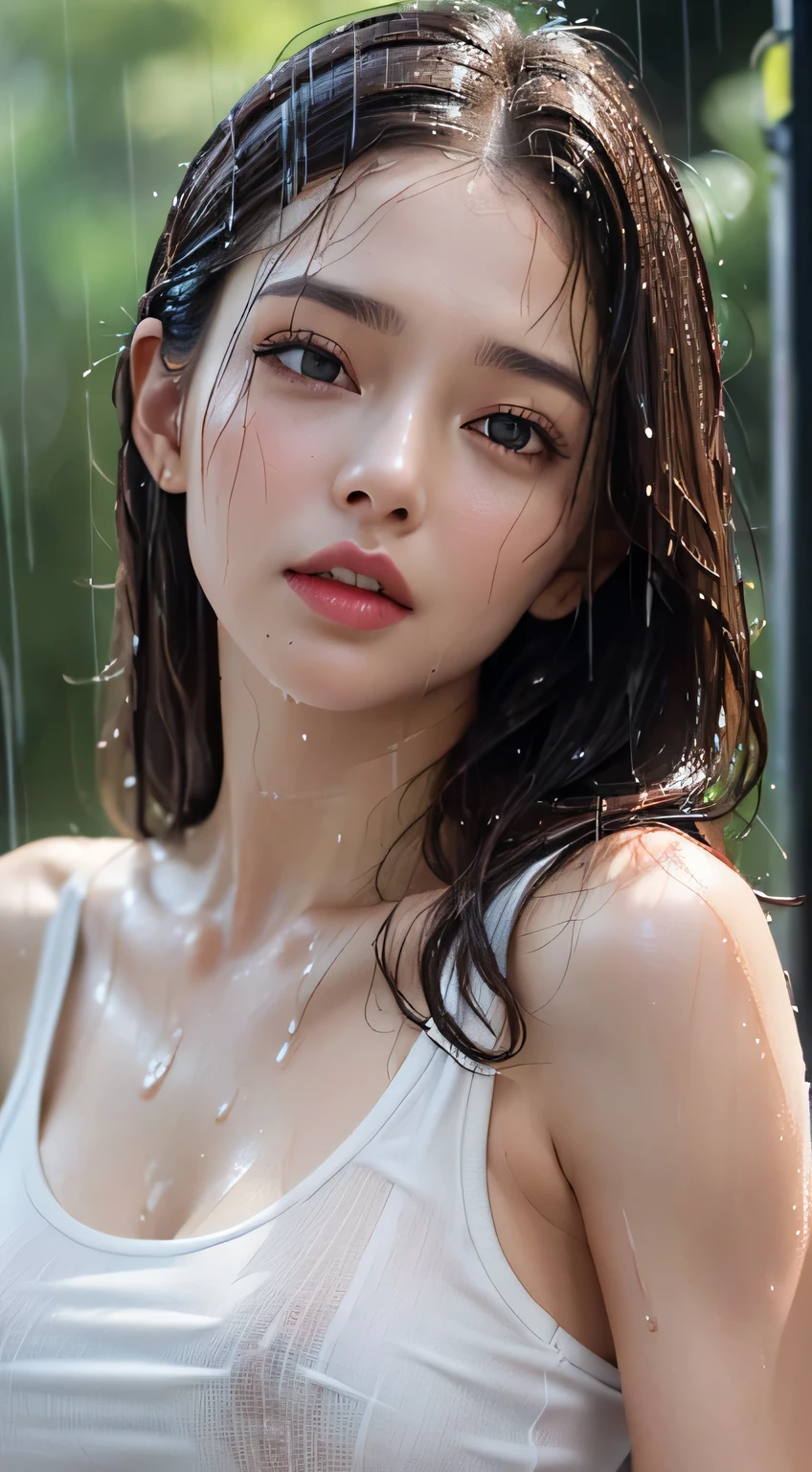 (Best Quality, 4K, 1girl in, Sexy :1.1, dark brown hair: 1.1, (rainy wet, Wet from rain, Wet body :1.2), white tank tops, Ultra-detailed face, Detailed lips, Detailed eyes, double eyelid