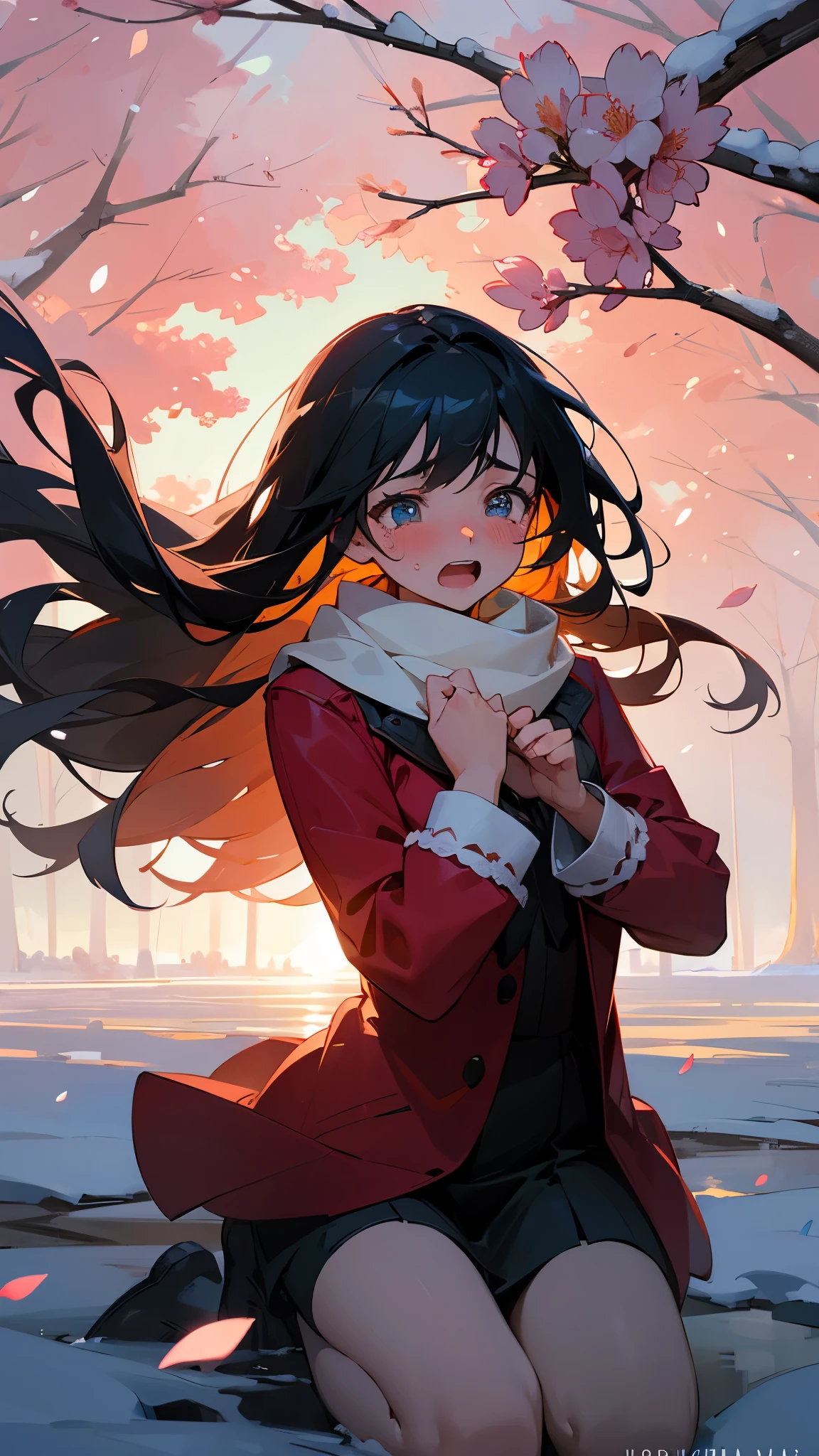 cinematic digital artwork of a girl crying on the snow, blushing, cute girl, high angle, detailed face, emotional, tears, semi-realistic,beautiful hair, can see individual strands of hair, hair in the wind, kneeling, cold background, wind, sakuras trees, morning, petals in the air, wearing a scarf, a tragic scene, romantic, cinematic, gorgeous lighting, rays of light, shimmering eyes,(tears, vivid eyes), (shouting, open mouth, hands on the chest:1), deep black hair, red clothes