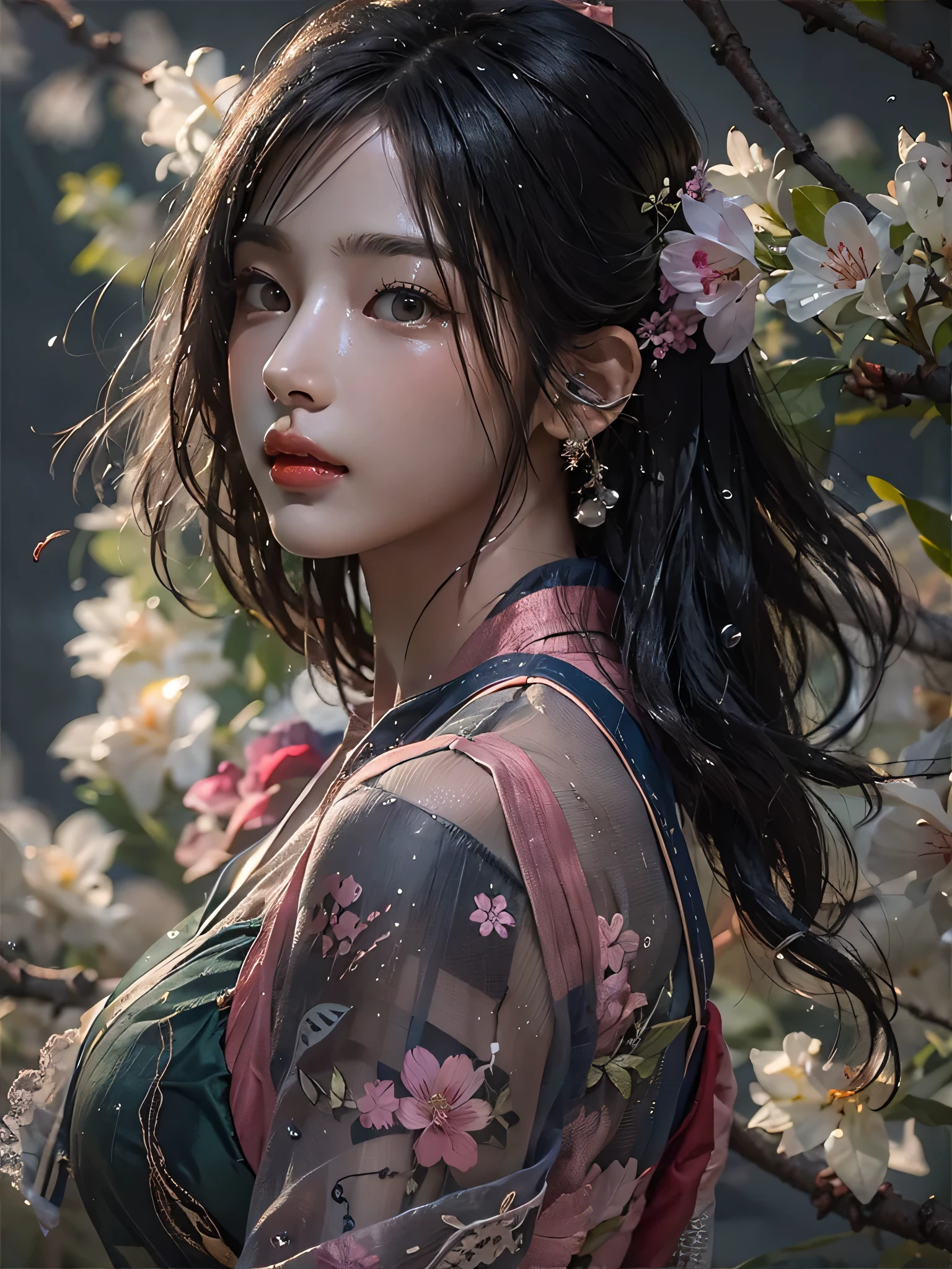 Photorealistic, High resolution, Soft light,1womanl, Solo, hips up high, glistning skin, (Detailed face),The tattoo, Jewelry, Dark see-through hanf, cherry blossom, Night, black long wavy hair, Beautiful Soldier, An eye that invites the viewer, Lover's perspective, inviting expression, Sexy smile, Perfect Style, Perfect balance, Detailed skin, Naughty gaze, Chest visible、see -through、Sheer feeling、Wet skin、Wet hair、Spread hair、Spread Stall、Wet clothes、sodden、See-through Halter neck、See-through gowns、Navel Ejection、the back is open、See-through halter neck dress、See-through kimono、Dynamic Posing、Fingertips are lips、