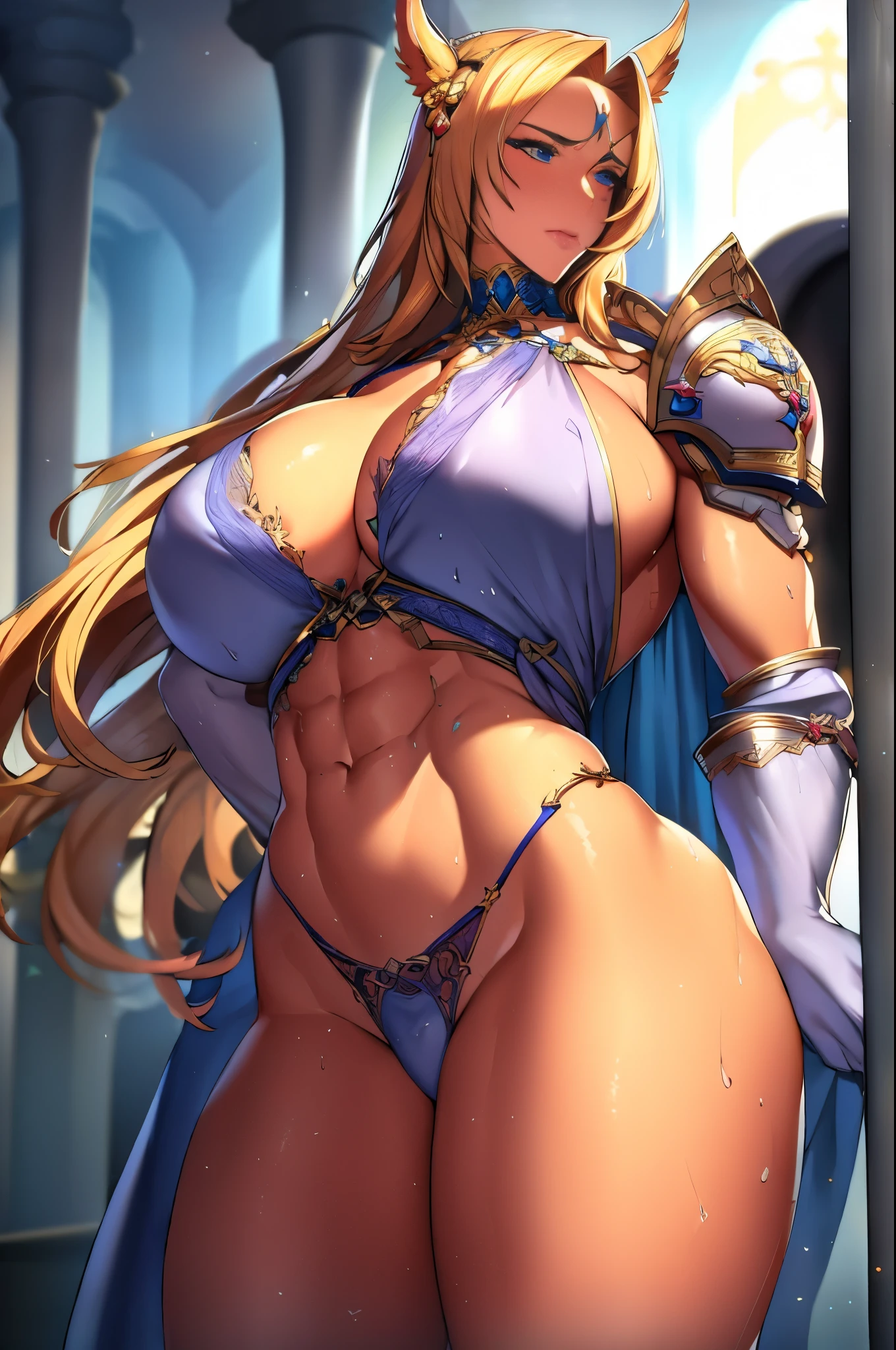 (masterpiece:1.2), (best quality:1.2), perfect eyes, perfect face, perfect lighting, 1girl, mature female ,paladin, blonde,muscular,abs,sweat,steam,horse ears, fantasy, detailed background