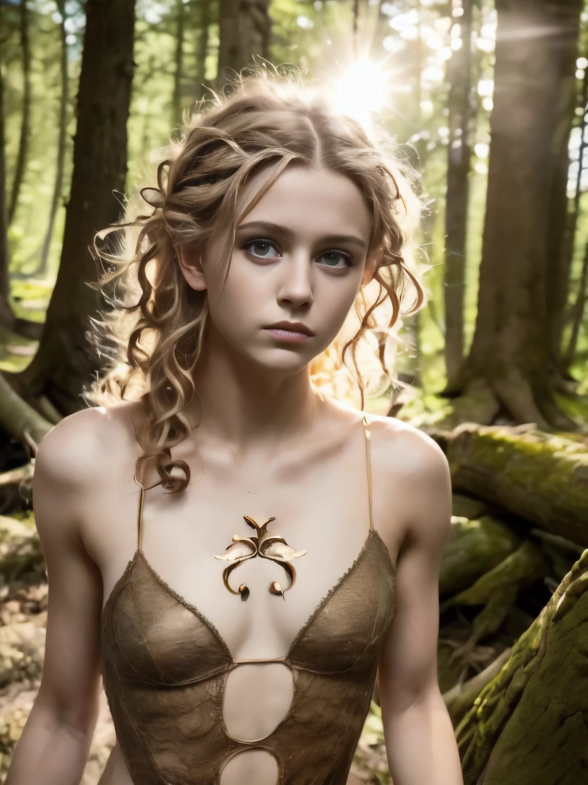 (Realistic:1.4), 18 years old elf archer in the forest, pale curly disheveled hair, delicate features of a thin face, cute sexy, Fantasy style , 8K, proffesional photography, Hi-Def, lifelike skin, Without cosmetics, Incredibly fair skin, background of the Middle Ages, Rocky Creek, The sun shines its rays through the treetops, bokeh