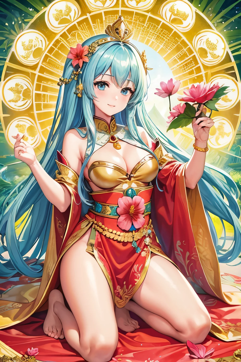 big statue of buddha、A beautiful 16 year old princess wearing a bright princess costume，light blue long hair、twin tail princess、gentle smile、In the background is the big golden temple of Myanmar、Shwedagon Pagoda、Wearing a delicate gold crown，holding a lotus flower in one hand，Barefoot with both legs，water hibiscus etc.，The corners of the mouth are slightly turned up，Look at the camera with a kind expression，Gorgeous and noble costumes，8k wallpaper，amazing cleavage，master piece,Goddess of wealth,Venerable Goddess,Beautiful dream world，magical fantasy，