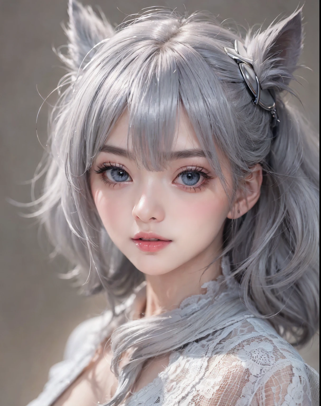 fashion model 24 years old, cute, [[[[moist eyes]]]],  [[[[closeup]]]], [[[[chest]]]], [[[[neck]]]], [[[[shoulders]]]], perfect eyes, perfect iris, perfect lips, perfect teeth, perfect skin, soft front light, glow, HDR, (muted colors:1.2), Beautiful girl from Eastern Europe with her mouth closed、astonishing beauty、solo、Smile、beautiful face、Upper body、medium side cut、Beautiful short gray hair styled、beautiful little face woman, solo,　black theme,　look at the audience,one woman, It&#39;s real, Wolfzan-6500-V1.3, anime、animeスタイル、beautiful realistic eyes、casual dress、portrait beautiful detailed woman, very detailedな目と顔, Reality, beautiful detailed eyes, huge file size, Super detailed, High resolution, very detailed, highest quality, masterpiece, An illustration, very detailed, ticker, Unite, 8K painting wallpaper, fine, fine details, masterpiece, highest quality, Hvery detailed ticker uniform 8K wallpaper, face light movie lighting、cuteブラウス, dark background, oil, masterpiece, diffused soft film lighting, Portrait, highest quality (perfect face:1.4),stunning girl pictures,(8K and、photorealistic:1.25) 、(lip gloss、eyelashes、shiny face、shiny skin、highest quality、超High resolution、Depth of the bounds written、chromatic aberration、caustic road lighting、natural shading、sexy