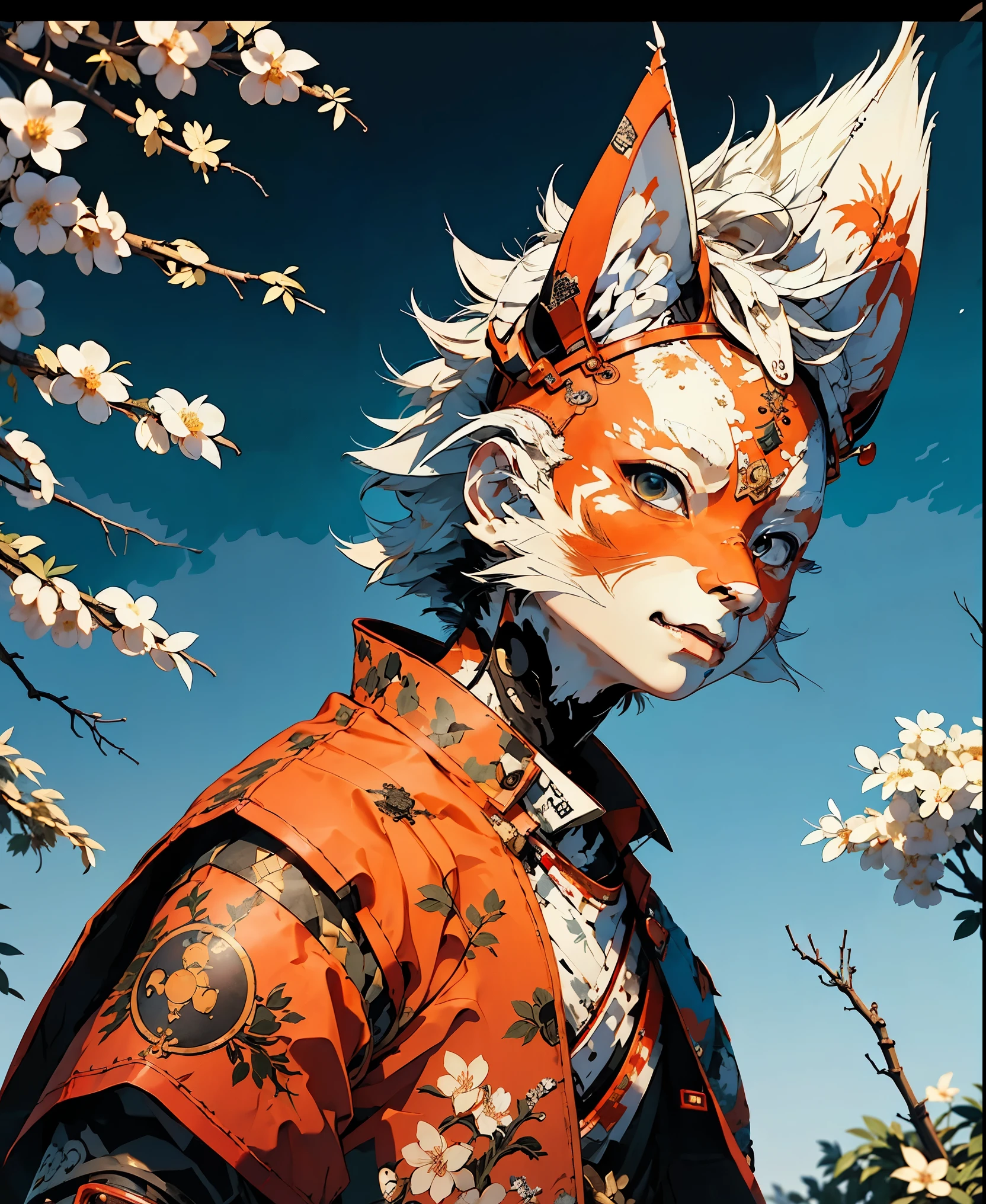 32K UHD QUALITY RESOLUTION, white fox, samurai warrior, highly detailed samurai battle armor and sashimono war flag, blood splattered, cherry blossoms blowing in the wind, post apocalyptic feudal Japan background 