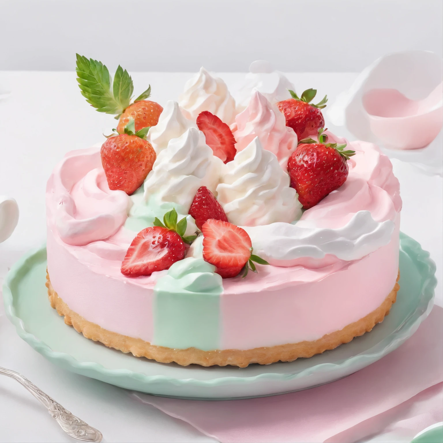 (pastel colour:1.2)、(cute illustration:1.2)、(watercolor painting:1.2)、white background、strawberry cream pie sticker、strawberry fruit, whipped cream、pale pinkish green throughout、confections, sweet, sticker style, no background, rounded edge, sticker
