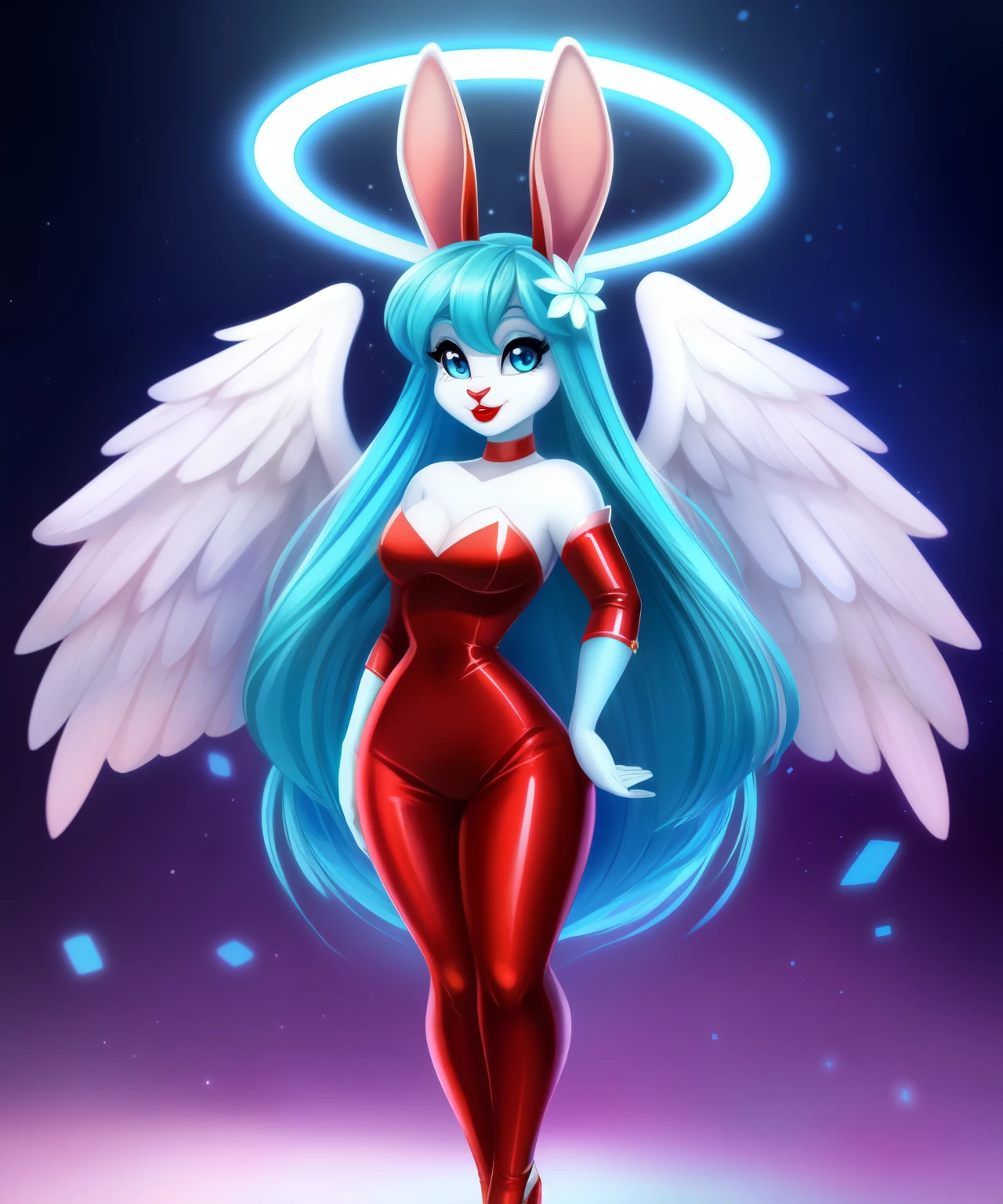 Andromeda the female lop rabbit angel, light cyan fur, halo, white soft wings, red shiny lipstick, aquamarine eyes, blue eye shadows, cyan hair, rabbit ears, Disney cartoon style, full body