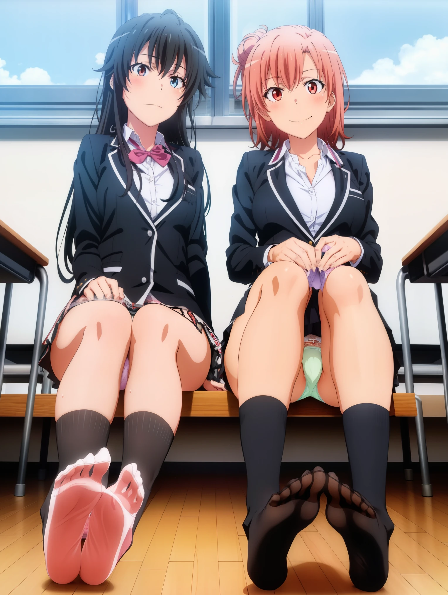 2 girls , classroom,floor,Yukinoshita Yukino , (full breats Yuigahama Yui ), physical education sitting ,wear sneakers, (Sole of foot 1.0),blazer,shirt,check skirt,(Pussy cameltoe in panties:1.0),(pink lace panties:1.0),(white lace panties),