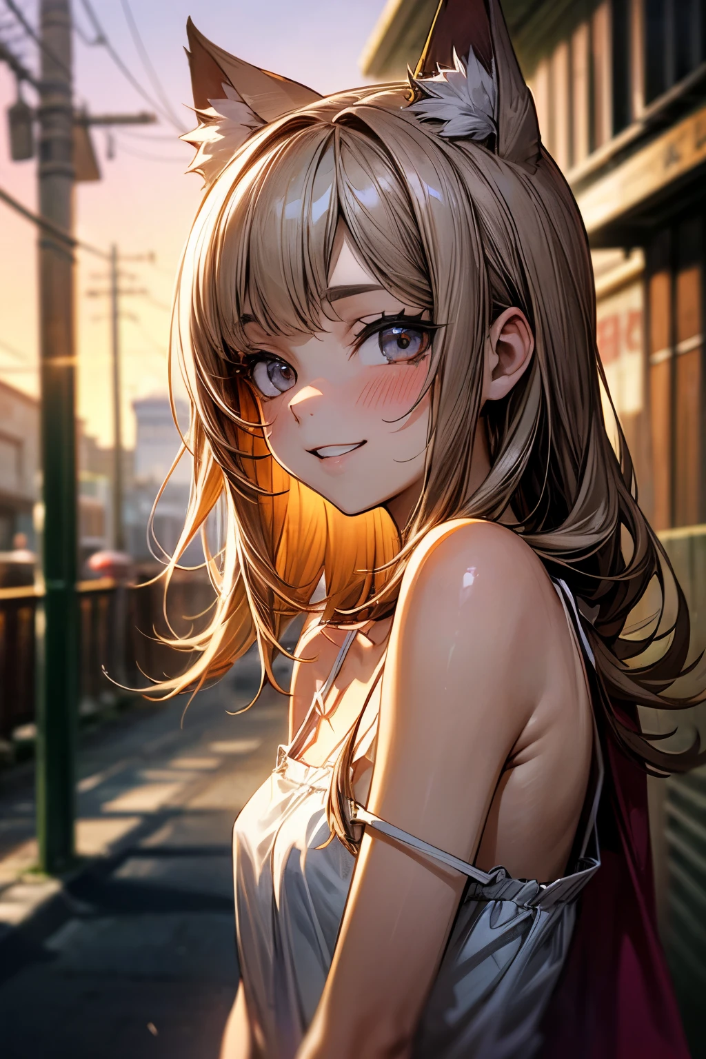 ((Masterpiece)), (Anime:1.3), ((best quality)), (RAW photo: 1.2), (High Definition:1.3), (Professional Photography:1.2), (12 years old),1girl, 8K, cinematic lighting, very unruly hair,(portrait), narrow lane, (sunset), Glossy lips, (slightly exposed small breast), (loose white sexy camisole), Slender small breasts, (grin), slum townscape, Textured skin, cat ears, pale brown hair, Cute Beautiful girl