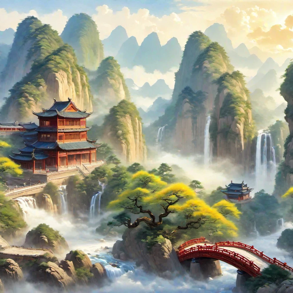 (masterpiece, best quality:1.2), guohuashanshui,Masterpiece,Best Quality,CG Illustration,The ultra wide-angle lens,magnificent and breathtaking scene,epicmasterpiece,8K,The ancient Chinese-style architecture,surrounded by blooming flowers,lush green leaves,bamboo forests,flowing mountains,waterfall,small bridge,winding paths,Thesunlight shines brilliantly,(nohumans),minimalism,(Zen aesthetics:1.2),(Zen composition:1.3),Chinese landscape  painting,矿物