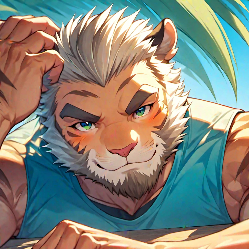 by mizuki gai,graves \(league of legends\),beard stubble,beard,facial hair,male focus,bara,bara stocky,manly,mature male,muscular,
muscular male, muscular, male focus, bara, pectorals, 1boy, large pectorals, nipples, tiger boy, animal ears, furry, abs, tiger ears, furry male, short hair, solo, chest hair, scar, facial hair, thighs, navel, thick thighs, stomach, male swimwear, bulge, white hair, mature male, looking at viewer, bare pectorals, thick eyebrows, scar on chest, blue eyes, scar on face, tiger tail, scar across eye, scar on arm, navel hair, summer, beard, swim trunks, male underwear, wet, smile, spread legs, feet out of frame, sweat, black male swimwear, white fur, knee up, scar on stomach, sky, swim briefs, grey shorts, sitting, scar on leg, day, tiger stripes, male pubic hair, underwear, blush, from below, goatee, boxers, smirk, alternate costume, cloud, topless male, sunlight, shorts, blue male underwear, cross scar, orange fur, grey male underwear, pubic hair, sleeping, silver hair, hand on own knee, smug, official alternate costume, beach, pubic hair peek, blue male swimwear, outdoors, sideburns, foreshortening, dolphin shorts, body hair, underwear only, leaning back, seductive smile, fluffy, tiger, belly, grey hair, solo focus, cloudy sky, leg up, animal, alternate pectoral size, plump
best quality,amazing quality,best aesthetic,absurdres,year 2023,