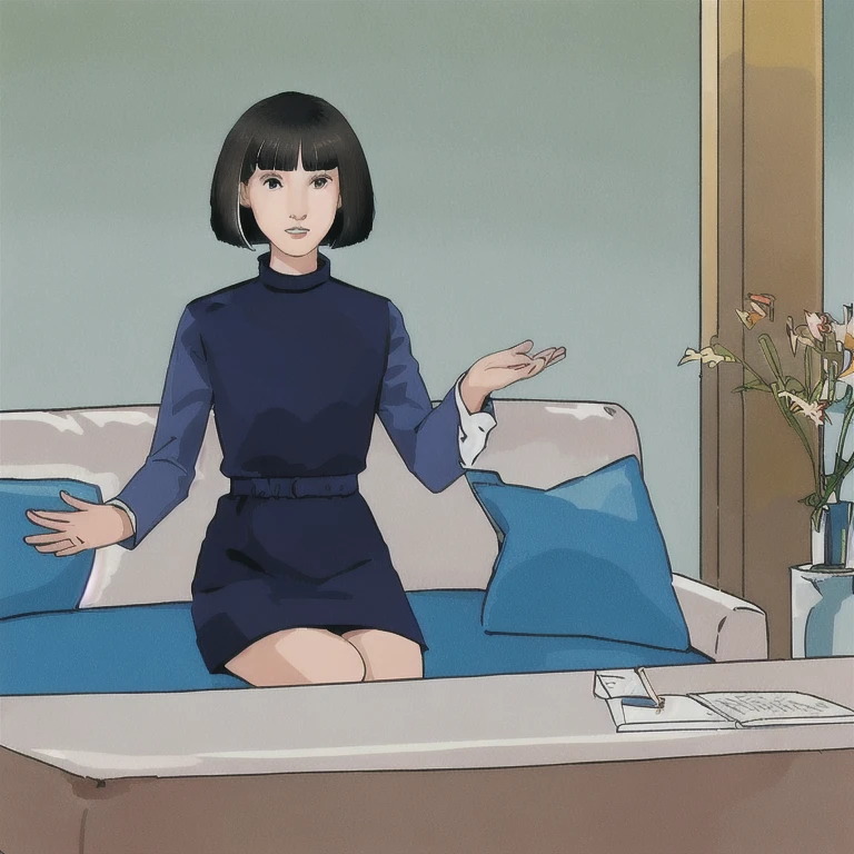 2d,illustration,concept art,digital artwork,illustrative,highly detailed,simple background,a woman of thirty years old,solo,(bob_cut:1.5),black hair,black eyes,blue dress,long_sleeves,sitting room,