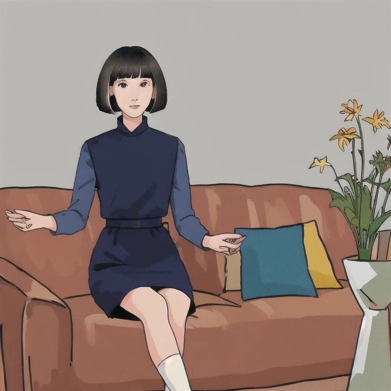 2d,illustration,concept art,digital artwork,illustrative,highly detailed,simple background,a woman of thirty years old,solo,(bob_cut:1.5),black hair,black eyes,blue dress,long_sleeves,sitting room,
