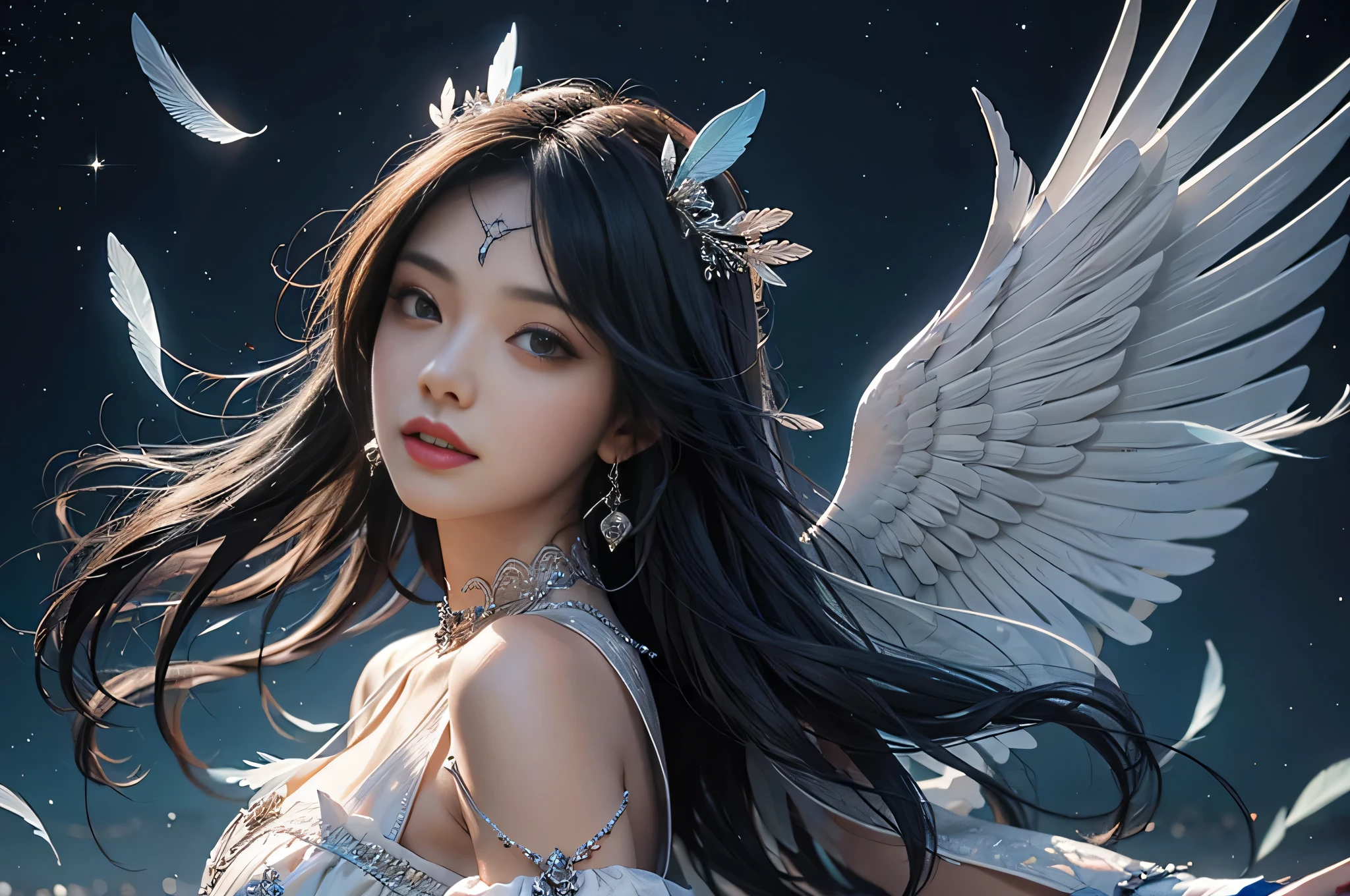 universe, blue sky, Sparkling, angels, goddess, feather, happiness, rainbow aura, realistic, Super detailed, 