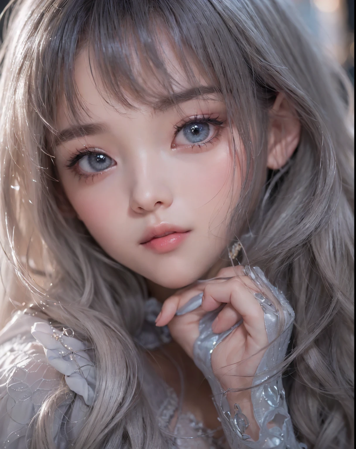 fashion model 24 years old, cute, [[[[moist eyes]]]],  [[[[closeup]]]], [[[[chest]]]], [[[[neck]]]], [[[[shoulders]]]], perfect eyes, perfect iris, perfect lips, perfect teeth, perfect skin, soft front light, glow, HDR, (muted colors:1.2), Beautiful girl from Eastern Europe with her mouth closed、astonishing beauty、solo、Smile、beautiful face、Upper body、medium side cut、Beautiful short gray hair styled、beautiful little face woman, solo,　black theme,　look at the audience,one woman, It&#39;s real, Wolfzan-6500-V1.3, anime、animeスタイル、beautiful realistic eyes、casual dress、portrait beautiful detailed woman, very detailedな目と顔, Reality, beautiful detailed eyes, huge file size, Super detailed, High resolution, very detailed, highest quality, masterpiece, An illustration, very detailed, ticker, Unite, 8K painting wallpaper, fine, fine details, masterpiece, highest quality, Hvery detailed ticker uniform 8K wallpaper, face light movie lighting、cuteブラウス, dark background, oil, masterpiece, diffused soft film lighting, Portrait, highest quality (perfect face:1.4),stunning girl pictures,(8K and、photorealistic:1.25) 、(lip gloss、eyelashes、shiny face、shiny skin、highest quality、超High resolution、Depth of the bounds written、chromatic aberration、caustic road lighting、natural shading、sexy