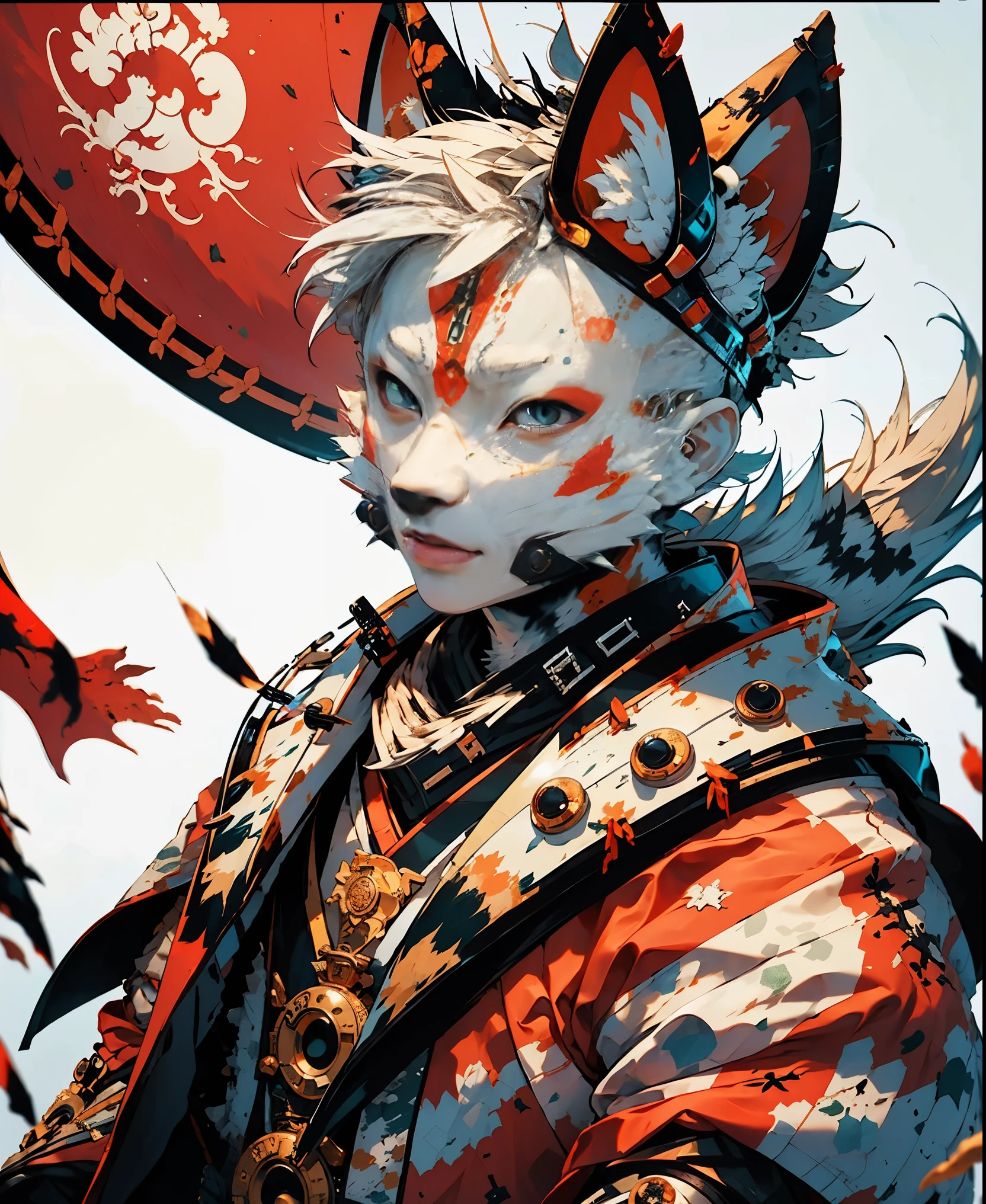 32K UHD QUALITY RESOLUTION, white fox, samurai warrior, highly detailed samurai battle armor and sashimono war flag, blood splattered, cherry blossoms blowing in the wind, post apocalyptic feudal Japan background