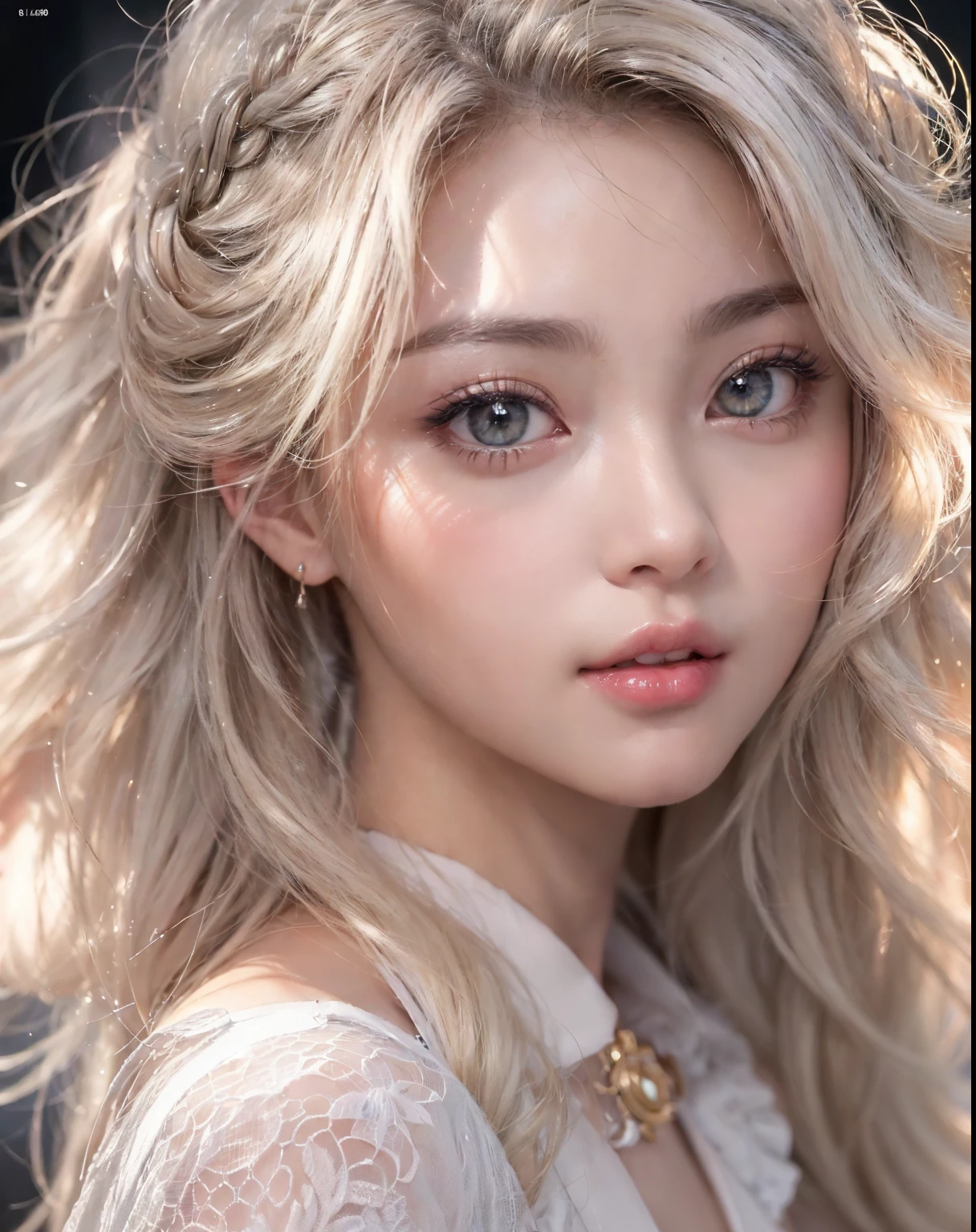 fashion model 24 years old, cute,  [[[[pure eyes]]]],  [[[[closeup]]]], [[[[chest]]]], [[[[neck]]]], [[[[shoulders]]]], perfect eyes, perfect iris, perfect lips, perfect teeth, perfect skin, soft front light, glow, HDR, (muted colors:1.2), Retrato da mulher、white skin、((cabelo Castanho ondas suaves)) Best Blanco Romantico、8K resolution、Frente Illuminada、アメリカの女の子のPortrait、solo、beautiful face、Upper body、medium side cut、beautiful blonde hair、beautiful little face woman, solo,　black theme,　look at the audience,one woman, It&#39;s real, Wolfzan-6500-V1.3, anime、animeスタイル、beautiful diamond eyes、braided hair、casual dress、portrait beautiful detailed woman, very detailedな目と顔, Reality, beautiful detailed eyes, huge file size, Super detailed, High resolution, very detailed, highest quality, masterpiece, An illustration, very detailed, ticker, Unite, 8K painting wallpaper, fine, fine details, masterpiece, highest quality, Hvery detailed ticker uniform 8K wallpaper, face light movie lighting、cuteブラウス, dark background, oil, masterpiece, diffused soft film lighting, Portrait, highest quality (perfect face:1.4),stunning girl pictures,(8K and、photorealistic:1.25) 、(lip gloss、eyelashes、shiny face、shiny skin、highest quality、超High resolution、Depth of the bounds written、chromatic aberration、caustic road lighting、natural shading、sexy