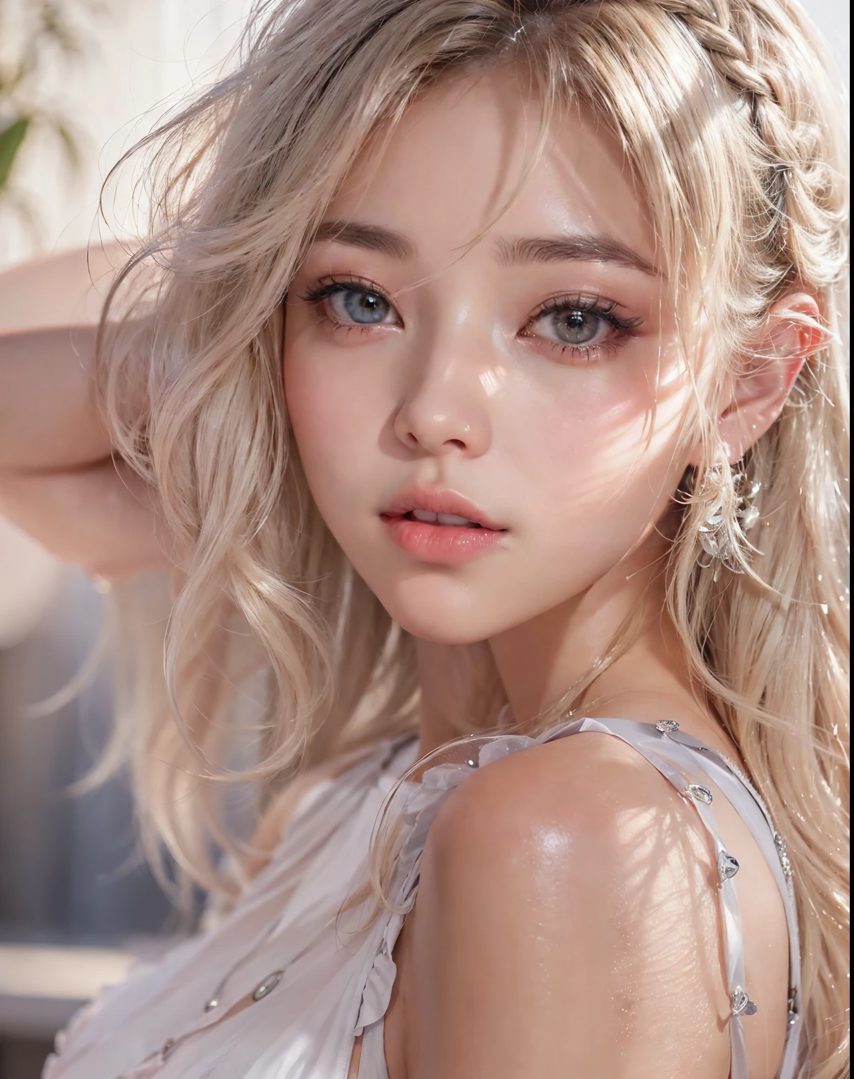 fashion model 24 years old, cute,  [[[[pure eyes]]]],  [[[[closeup]]]], [[[[chest]]]], [[[[neck]]]], [[[[shoulders]]]], perfect eyes, perfect iris, perfect lips, perfect teeth, perfect skin, soft front light, glow, HDR, (muted colors:1.2), Retrato da mulher、white skin、((cabelo Castanho ondas suaves)) Best Blanco Romantico、8K resolution、Frente Illuminada、アメリカの女の子のPortrait、solo、beautiful face、Upper body、medium side cut、beautiful blonde hair、beautiful little face woman, solo,　black theme,　look at the audience,one woman, It&#39;s real, Wolfzan-6500-V1.3, anime、animeスタイル、beautiful diamond eyes、braided hair、casual dress、portrait beautiful detailed woman, very detailedな目と顔, Reality, beautiful detailed eyes, huge file size, Super detailed, High resolution, very detailed, highest quality, masterpiece, An illustration, very detailed, ticker, Unite, 8K painting wallpaper, fine, fine details, masterpiece, highest quality, Hvery detailed ticker uniform 8K wallpaper, face light movie lighting、cuteブラウス, dark background, oil, masterpiece, diffused soft film lighting, Portrait, highest quality (perfect face:1.4),stunning girl pictures,(8K and、photorealistic:1.25) 、(lip gloss、eyelashes、shiny face、shiny skin、highest quality、超High resolution、Depth of the bounds written、chromatic aberration、caustic road lighting、natural shading、sexy