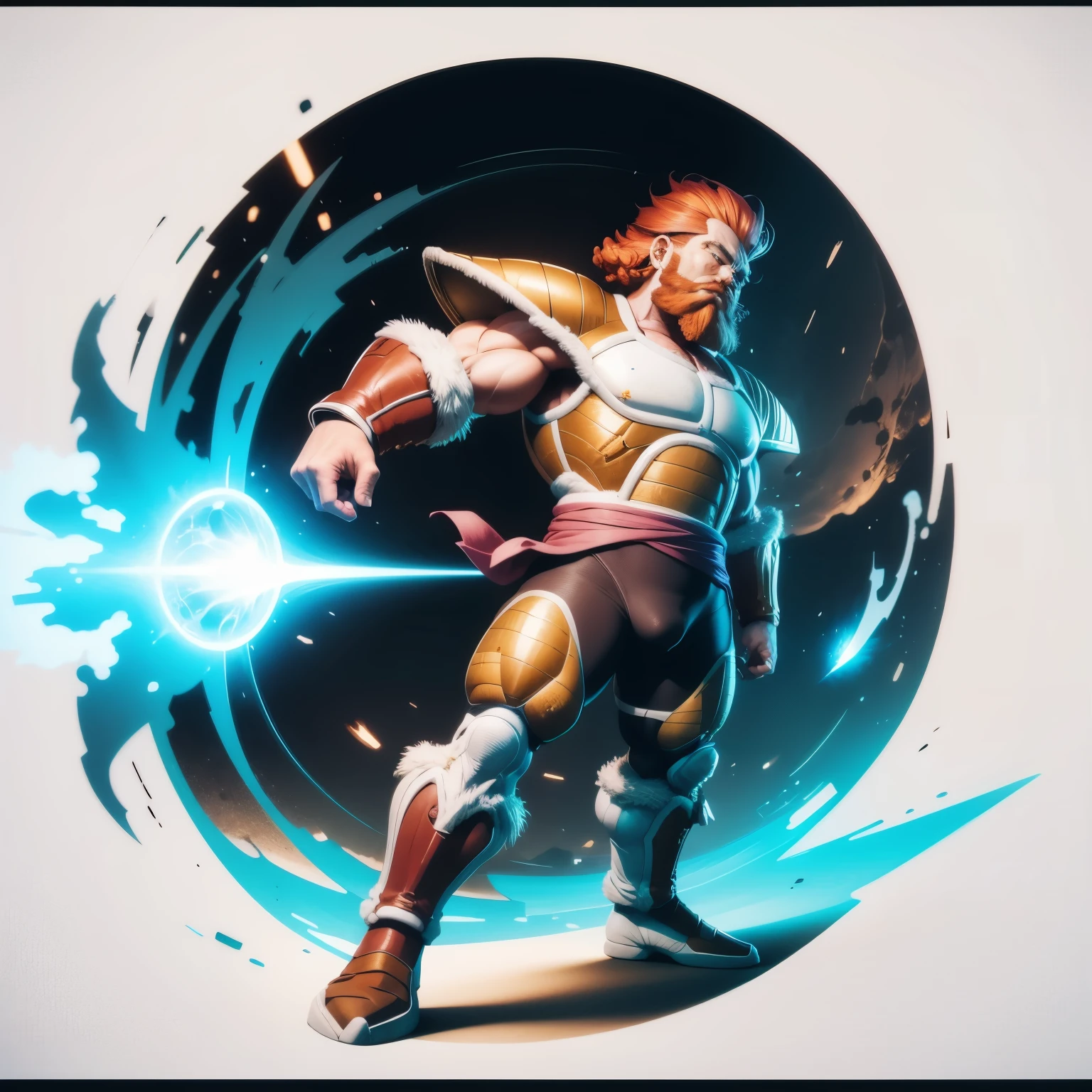best quality, ultra detailed Japanese animation from the 90s, extra fat and handsome man, short messy light copper hair, red beard and mustache, very detailed green eyes, wearing the robust armor of Frieza's special forces, appearing from feet to head, 8k, oled color quality, Akira Toryama art, floating in the middle of a lawn on planet Namek, releasing a circle of negative energy with his finger, white Caucasian, extremely detailed and well-defined eyes,