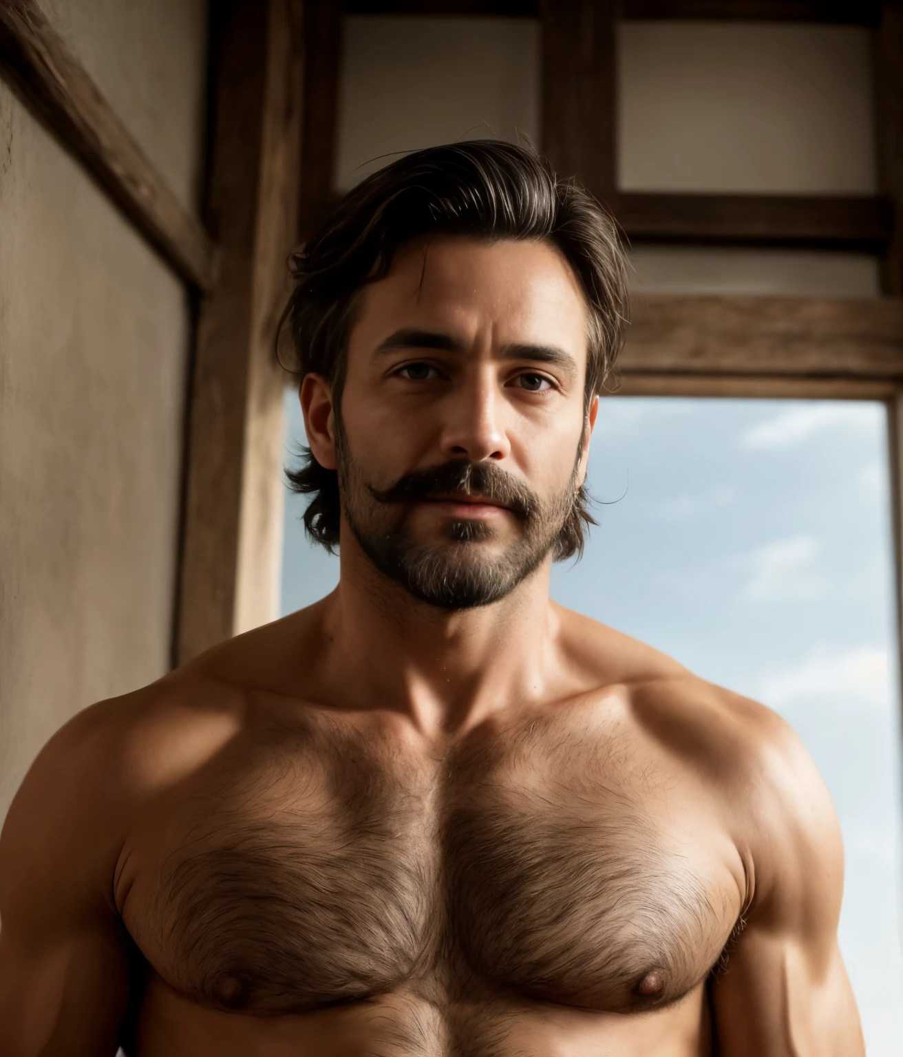 masterpiece, best quality, high resolution, closeup portrait, male focus, solo focus, A man, 45 years old, with priest uniform, priest clothes, priest father, silver grey hair, goatee moustache, messy hairstyle, cute and seductive face, bare chest, body hair, facial hair, roman nose, scruffy, hairy abs, skinny body, hairy legs, dimples, beard, bold jawline , in the background a church back room, view from below, amazing composition, front view, HDR, ultra quality, elegant, highly detailed, sexual tension, seductive