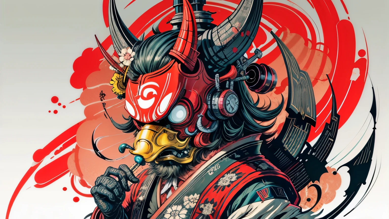 Tengu mask harajuku style 0mib， Illustrator， master-piece， high quailty， 8k， high resolutions， highdetailed， gentleman,  blood splattered,  cherry blossoms blowing in the wind 