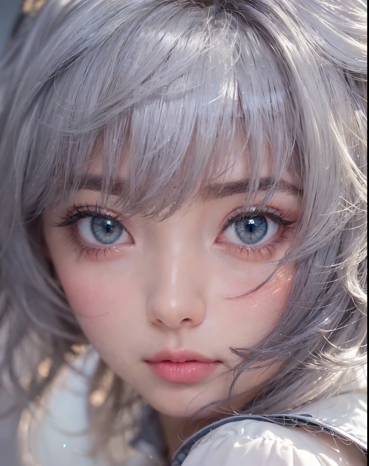 fashion model 24 years old, cute, [[[[moist eyes]]]],  [[[[closeup]]]], [[[[chest]]]], [[[[neck]]]], [[[[shoulders]]]], perfect eyes, perfect iris, perfect lips, perfect teeth, perfect skin, soft front light, glow, HDR, (muted colors:1.2), Beautiful girl from Eastern Europe with her mouth closed、astonishing beauty、solo、Smile、beautiful face、Upper body、medium side cut、Beautiful short gray hair styled、beautiful little face woman, solo,　black theme,　look at the audience,one woman, It&#39;s real, Wolfzan-6500-V1.3, anime、animeスタイル、beautiful realistic eyes、casual dress、portrait beautiful detailed woman, very detailedな目と顔, Reality, beautiful detailed eyes, huge file size, Super detailed, High resolution, very detailed, highest quality, masterpiece, An illustration, very detailed, ticker, Unite, 8K painting wallpaper, fine, fine details, masterpiece, highest quality, Hvery detailed ticker uniform 8K wallpaper, face light movie lighting、cuteブラウス, dark background, oil, masterpiece, diffused soft film lighting, Portrait, highest quality (perfect face:1.4),stunning girl pictures,(8K and、photorealistic:1.25) 、(lip gloss、eyelashes、shiny face、shiny skin、highest quality、超High resolution、Depth of the bounds written、chromatic aberration、caustic road lighting、natural shading、sexy