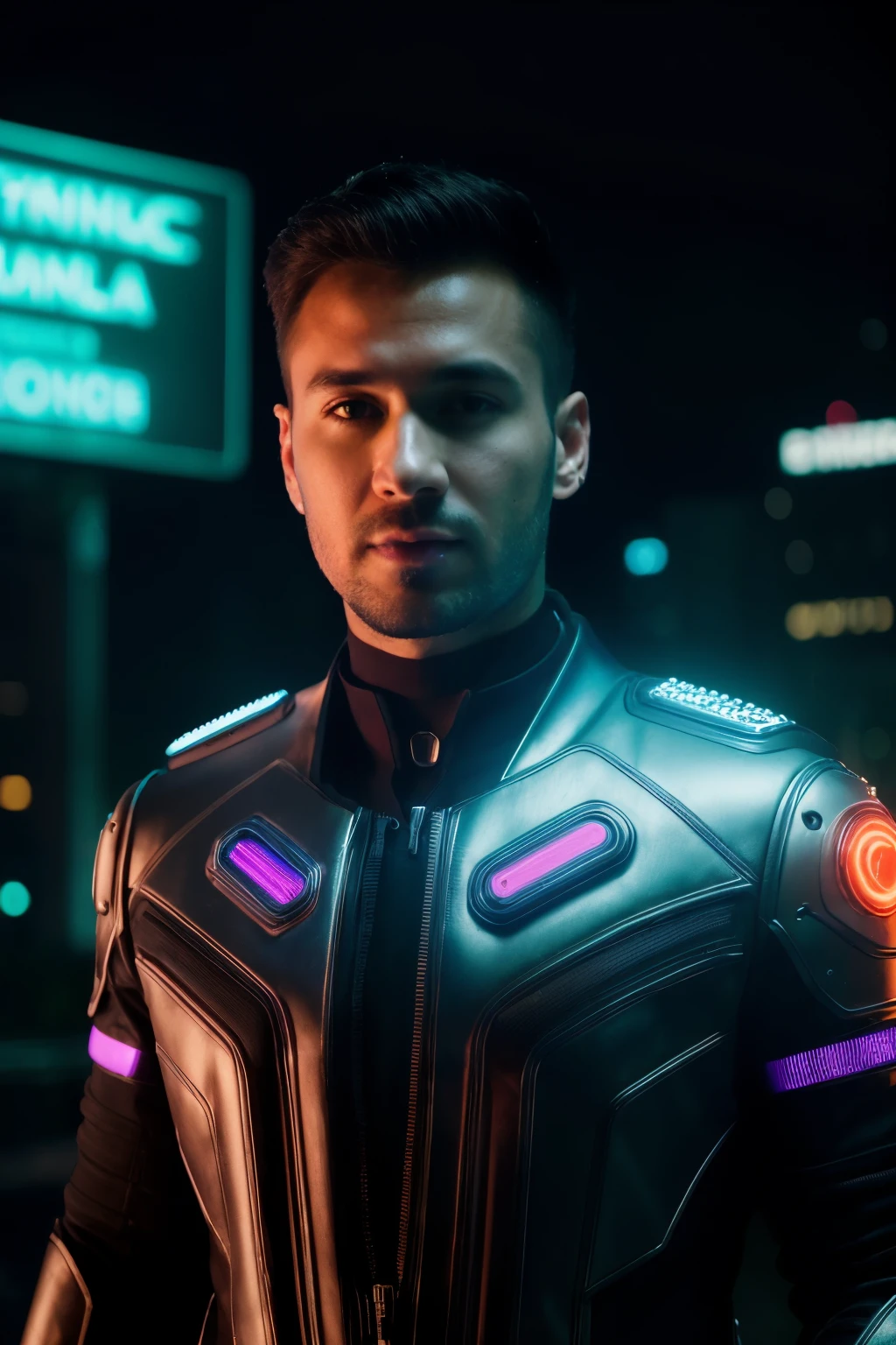 (best quality,4k,8k,highres,masterpiece:1.2),ultra-detailed,(realistic,photorealistic,photo-realistic:1.37),cyberpunk style,1 man,white skin,russian man,(bright luminous blue:0.9),(city lights:black and purple),neon background, europe,(intricate details:black and purple),(high-tech black:0.9),(futuristic:0.9),sharp focus,cybernetic implants,technological advancements,glowing neon signs,advanced neural network,bionic arm,holographic displays,steampunk elements,overgrown vegetation,intense atmosphere, cyberpunk style, 1 man, europe, russian, russian man, neon background, Kuala Lumpur, white skin, portrait, Looking straight at the camera, blonde, 33 years old, ultra textured skin, purring on the skin, (sympathetic facial expression)