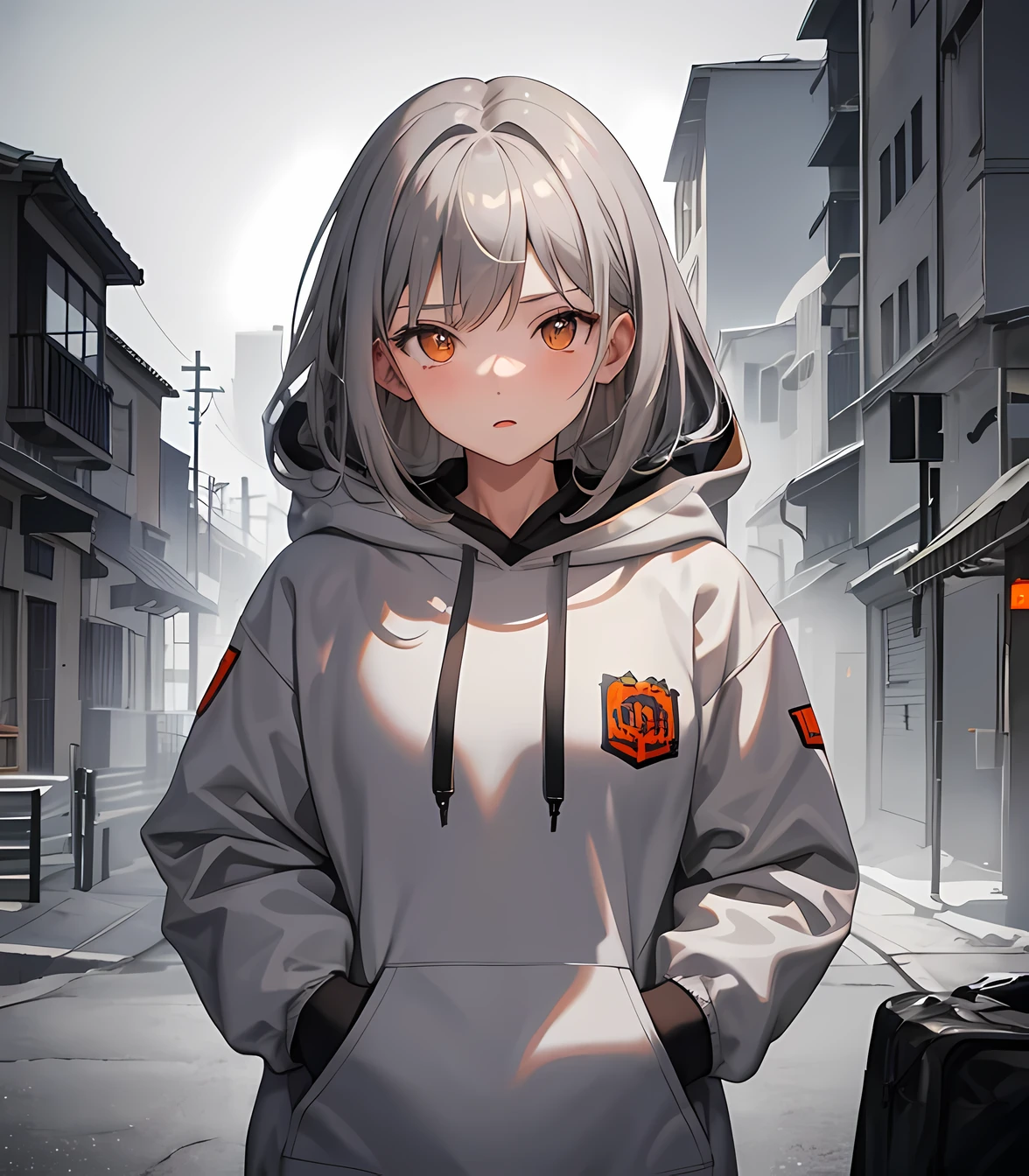 masterpiece, best quality, 1 girl, gray hair, orange eyes, hoodie, fear, neighborhood, houses, spooky, (fog:1.3), (looking around), (upper body)