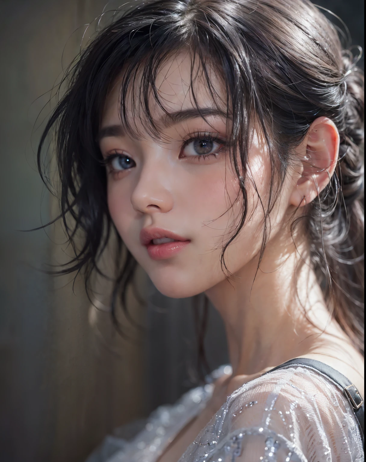 fashion model 25 years old,  cute,[[[[moist eyes]]]],  [[[[closeup]]]], [[[[chest]]]], [[[[neck]]]], [[[[shoulders]]]], perfect eyes, perfect iris, perfect lips, perfect teeth, perfect skin, soft front light, glow, HDR, (muted colors:1.2), 口を閉じたアジアの女の子のPortrait、solo、Smile、beautiful face、Upper body、medium side cut、beautiful black hair、beautiful little face woman, solo,　black theme,　look at the audience,one woman, It&#39;s real, Wolfzan-6500-V1.3, anime、animeスタイル、beautiful realistic eyes、braided hair、casual dress、portrait beautiful detailed woman, very detailedな目と顔, Reality, beautiful detailed eyes, huge file size, Super detailed, High resolution, very detailed, highest quality, masterpiece, An illustration, very detailed, ticker, Unite, 8K painting wallpaper, fine, fine details, masterpiece, highest quality, Hvery detailed ticker uniform 8K wallpaper, face light movie lighting、cuteブラウス, dark background, oil, masterpiece, diffused soft film lighting, Portrait, highest quality (perfect face:1.4),stunning girl pictures,(8K and、photorealistic:1.25) 、(lip gloss、eyelashes、shiny face、shiny skin、highest quality、超High resolution、Depth of the bounds written、chromatic aberration、caustic road lighting、natural shading、sexy