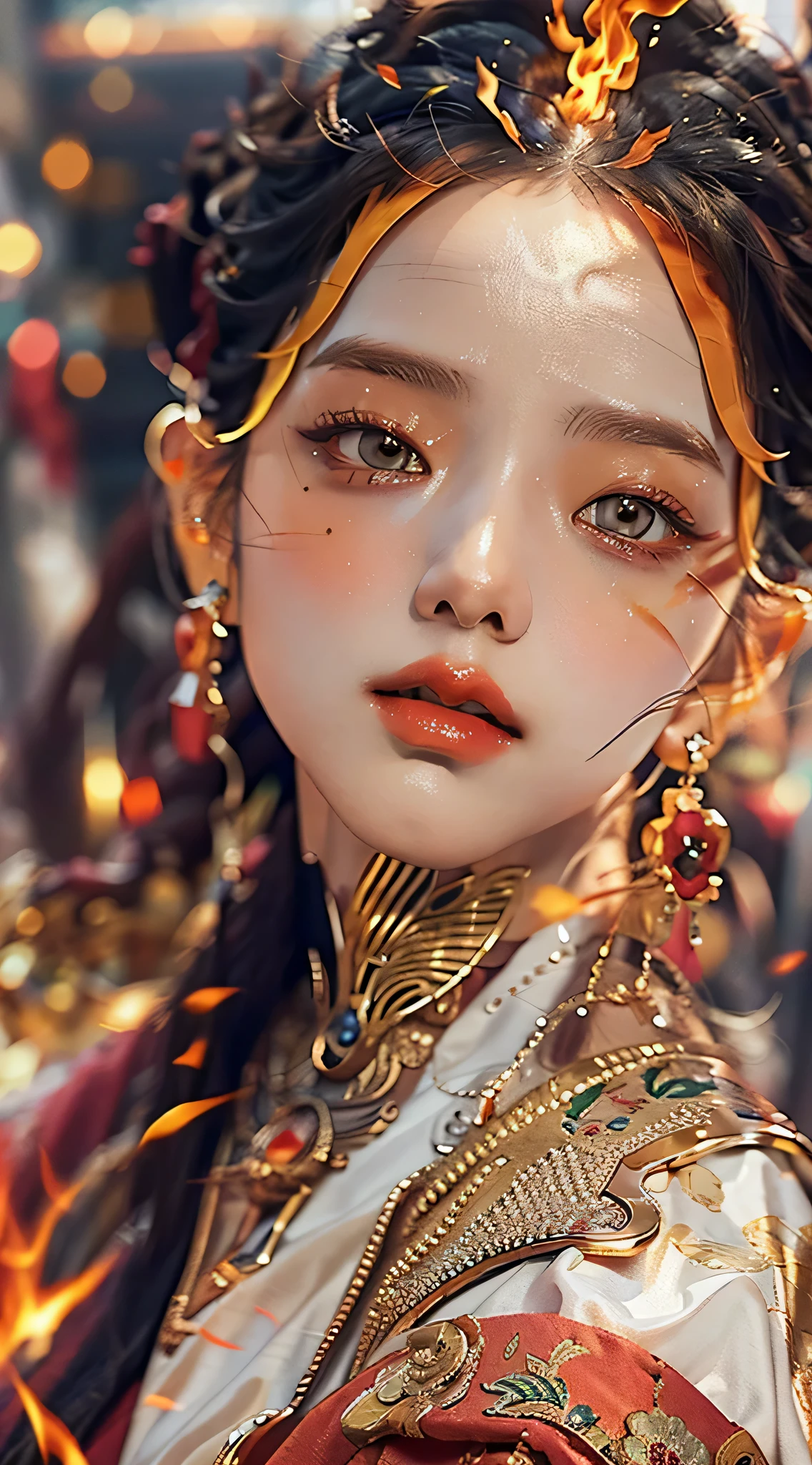 Best quality,masterpiece,ultra high res,(photorealistic:1.4)1girl,beautiful_face,detailed skin,full body,yuhuoshu,jewelry,solo,earrings,(fire:1.3),blurry,realistic,lips,