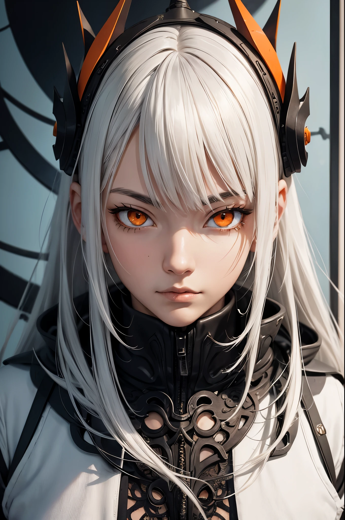 style of Tsutomu Nihei,(incredibly absurdres, (high resolution:1.18), intricate detail, (masterpiece:1.1), (highest quality:1.1), absurdres),(1girl, portrait, white hair, orange eyes, long hair, detailed eyes),