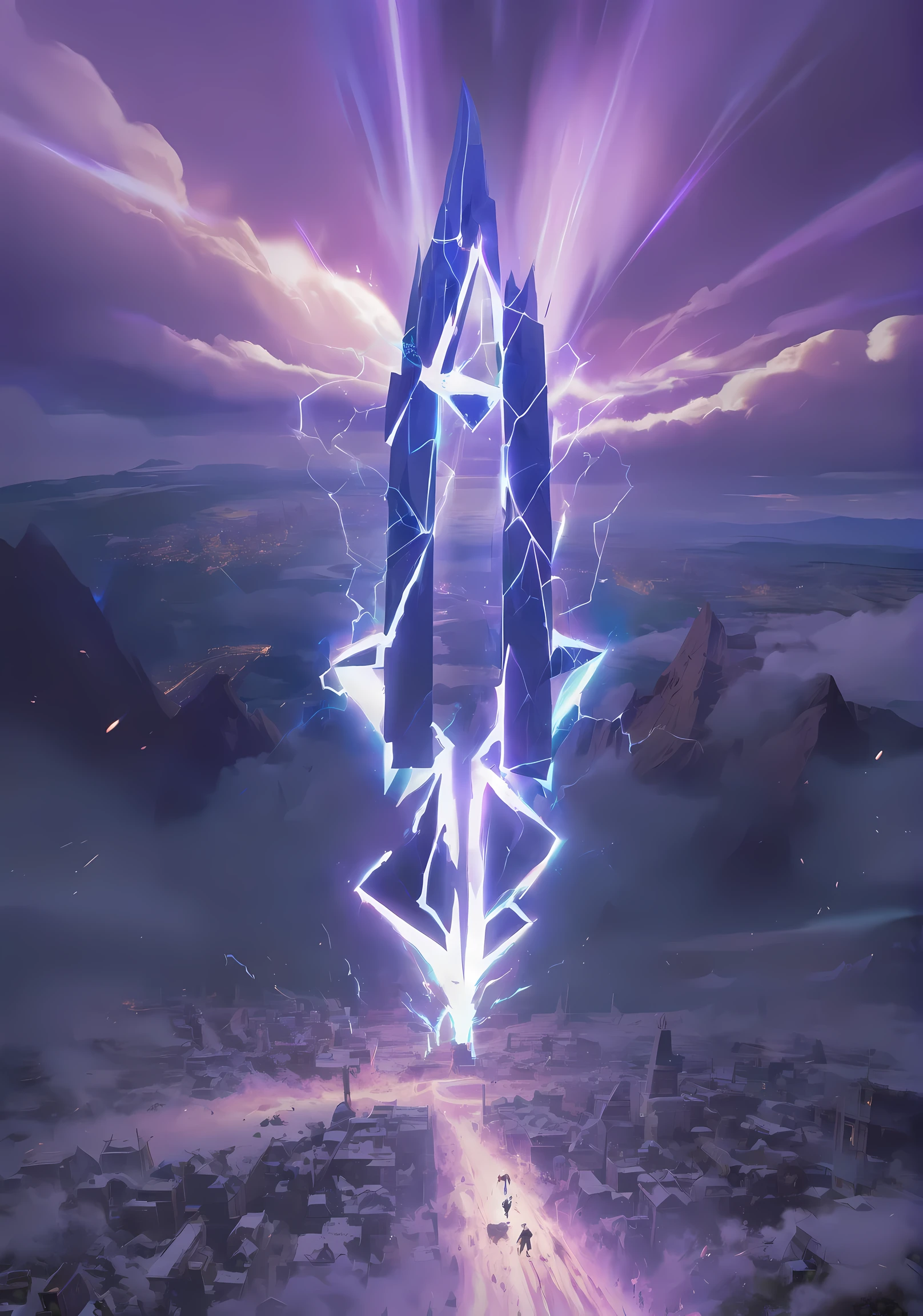 Breathtaking graphics, large scale, Perspective from the ground, capturing epic footage, A huge magic rune hovered over the city, breathtaking scenery, and impressive lighting effects, that create impressive visual experiences, destruction of mountains . energy explosion on the ground under the rune