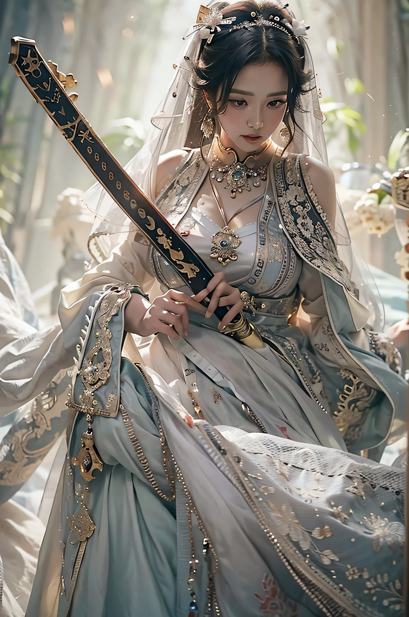 (highest image quality), (masterpiece), (vibrant, photography realistic, Realistic, Dramatic, Dark, Sharp focus, 8K), beautiful, Highly detailed face and skin texture, sexy wedding dress, ethereal beauty, mature asian woman,black long hair, make up, nsfw ,Close up shot, ((backlight)), holding sword, samurai wedding