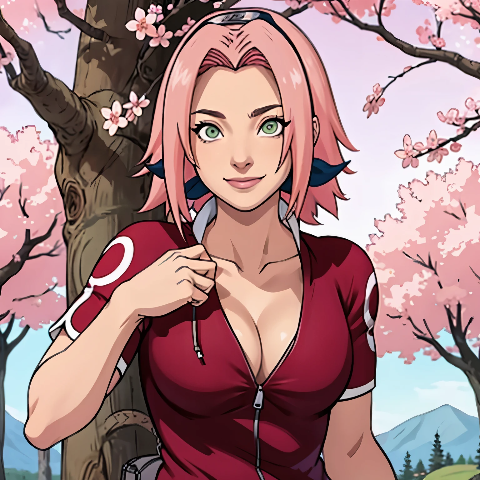 tmasterpiece, Best quality at best, 1girll, Sakura Haruno, Large breasts,sexy ninja suit attire,(cleavage),(upperbody closeup),Raised sexy,is shy,ssmile,with pink hair, long whitr hair, (Green eyeballs:1.4), Forehead protection, the cherry trees,Cherry blossoms flying,Red clothes,Zipper half