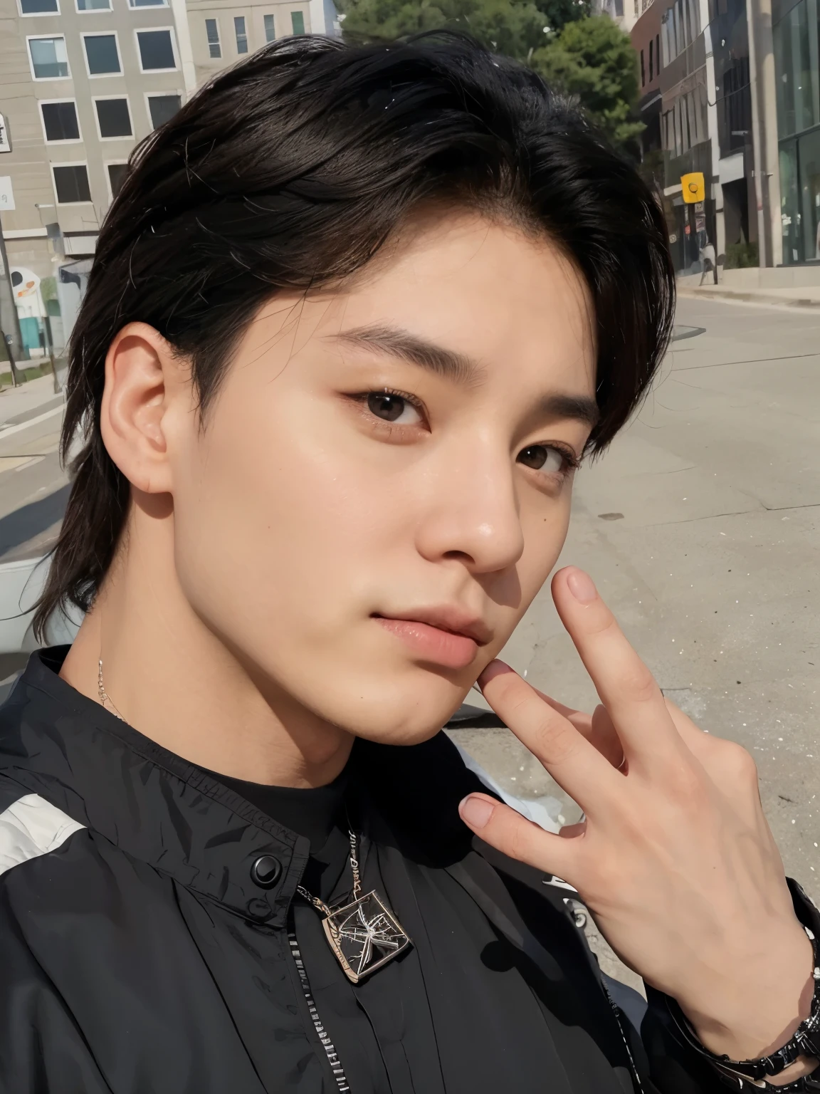 there is a man in a black jacket and a black jacket, adorable and pale korean face, homem sul-coreano, Ulzzang masculino, kpop idol portrait, jovem sensual, rosto coreano, jungkook, jeon jungkook,