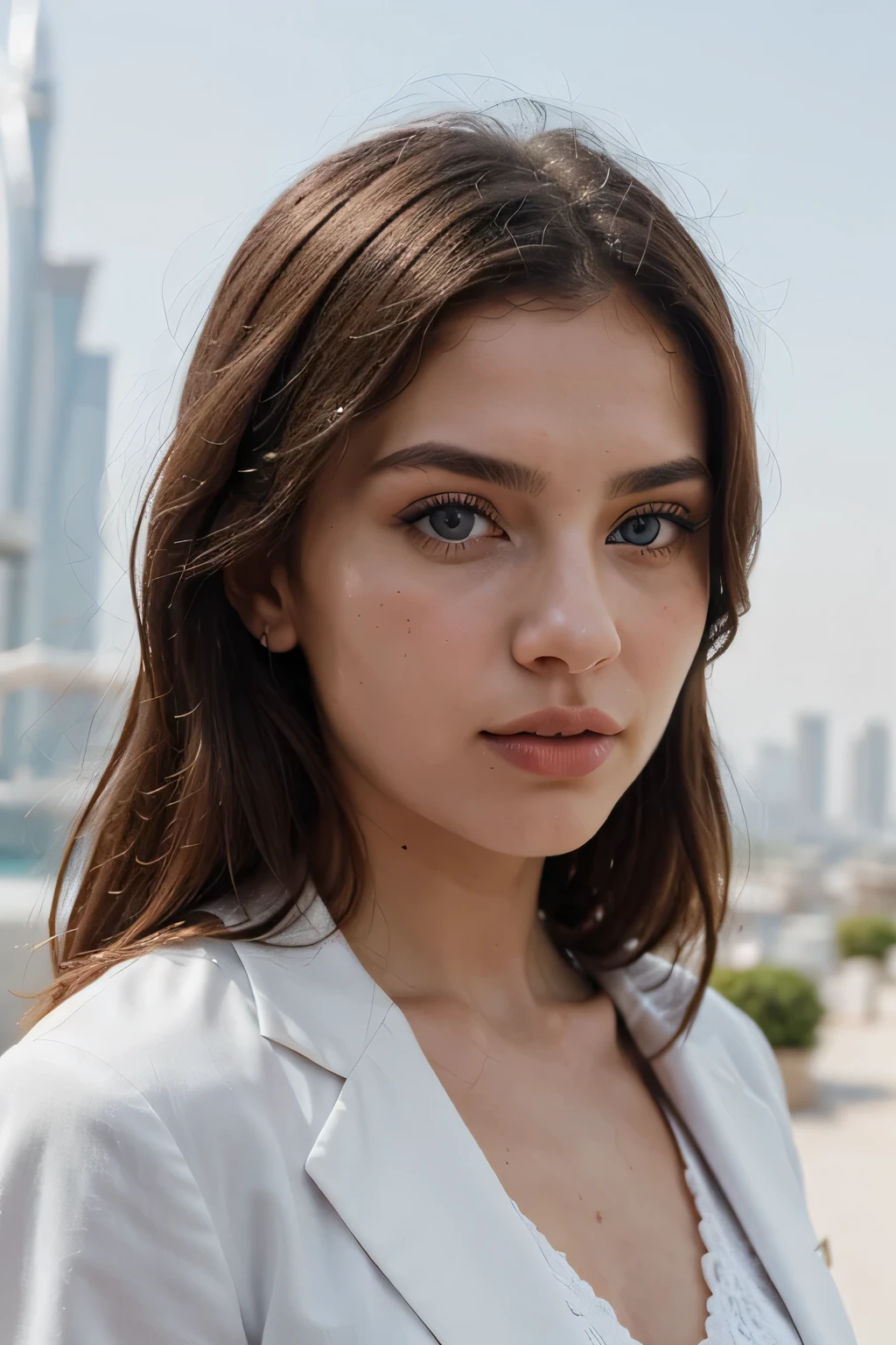 Russian Persian girl blue eyes with brunette blonde and exotic and white skin. who is model
wearing a white shirt and red blazer in Dubai a luxury hotel
Porta 160 color, shot on ARRI ALEXA 65, bokeh, sharp focus on subject,