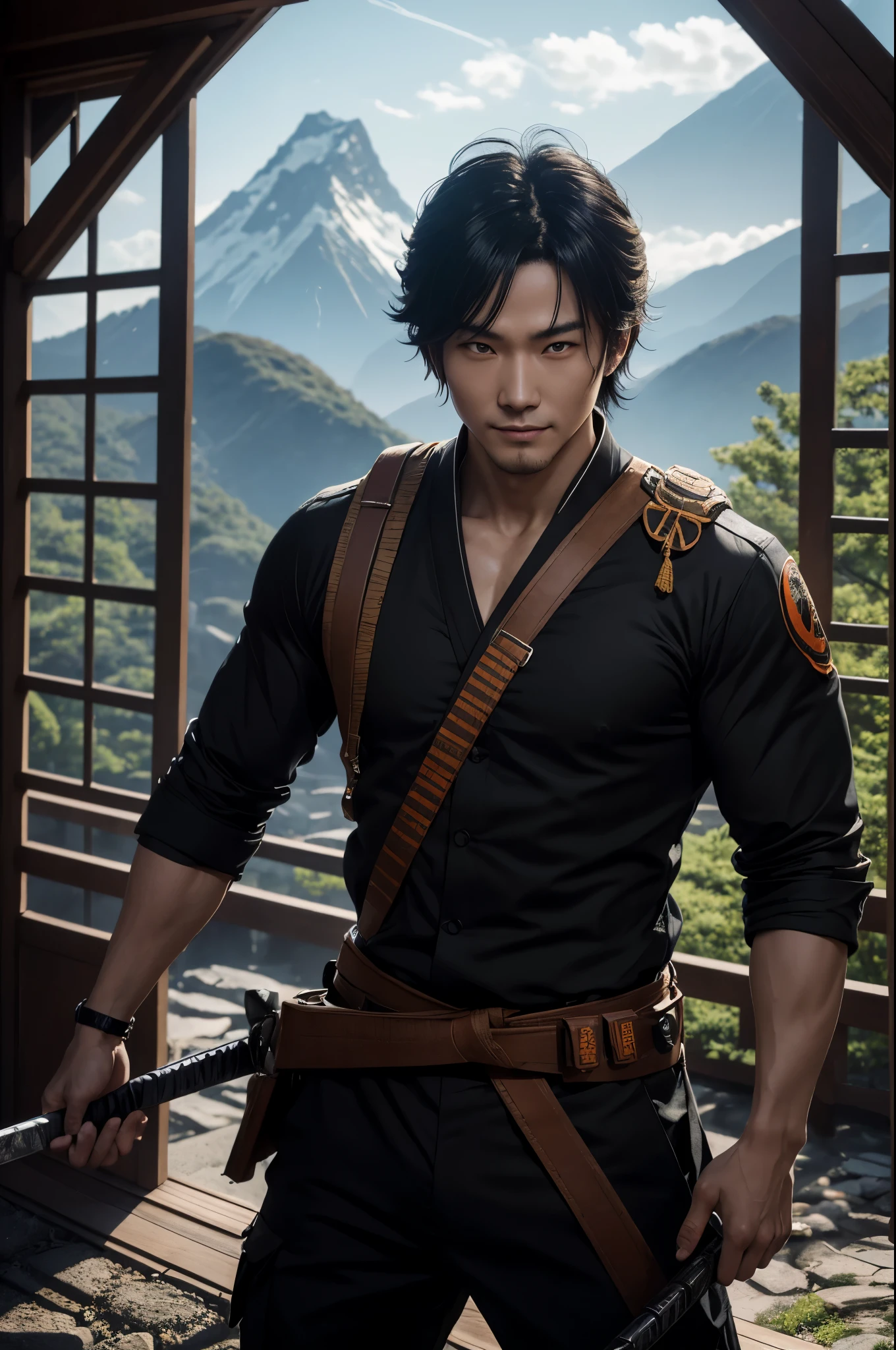 8k,Young man with fancy brown medium bob hair(24-years-old),challenging atmosphere,muscular slim body,super realistic skin,Severely cracked abdominal muscles,black and orange combat uniform,white inner shirt,black and orange combat pants,In the forest with a large and long Japanese sword,naughty smile,Big eyes,black eye,Wear black combat uniform to hide your body,perfect hand shapeの詳細,comical pose,masterpiece,Photorealistic RAW photos of the highest quality。bright colors,rich colors, Backlight, cinematic lighting, film grain, to be born, 50mm lens, Nikon D850,detailed character art,fantasy art,ultra high resolution,super realistic skin,perfect hand shape,mountain path,people４(Hanamura Yosuke),wild(super realistic skin),one point beard,アジアpeople,