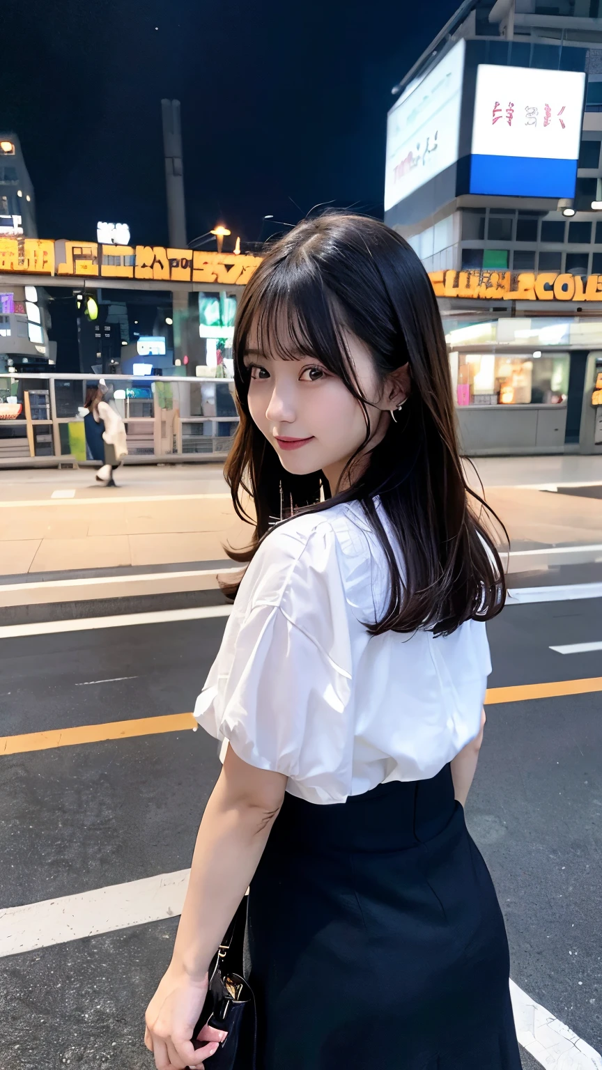 (highest quality,High resolution,super detailed,realistic:1.2) 混雑したstation platform, eye level perspective,night scenery、train、station platform、young woman、back view、black hair medium long、after work、sabrina bag、white blouse、skirt、high heels、engagement ring、lively crowd, dynamic movement, modern architecture, city life、Station scenery during the rush to return home。