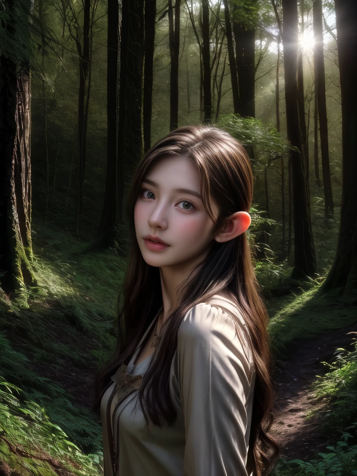 (Realistic:1.4), 18 years old elf archer in the forest, pale curly disheveled hair, delicate features of a thin face, cute sexy, Fantasy style , 8K, proffesional photography, Hi-Def, lifelike skin, Without cosmetics, Incredibly fair skin, background of the Middle Ages, Rocky Creek, The sun shines its rays through the treetops, bokeh